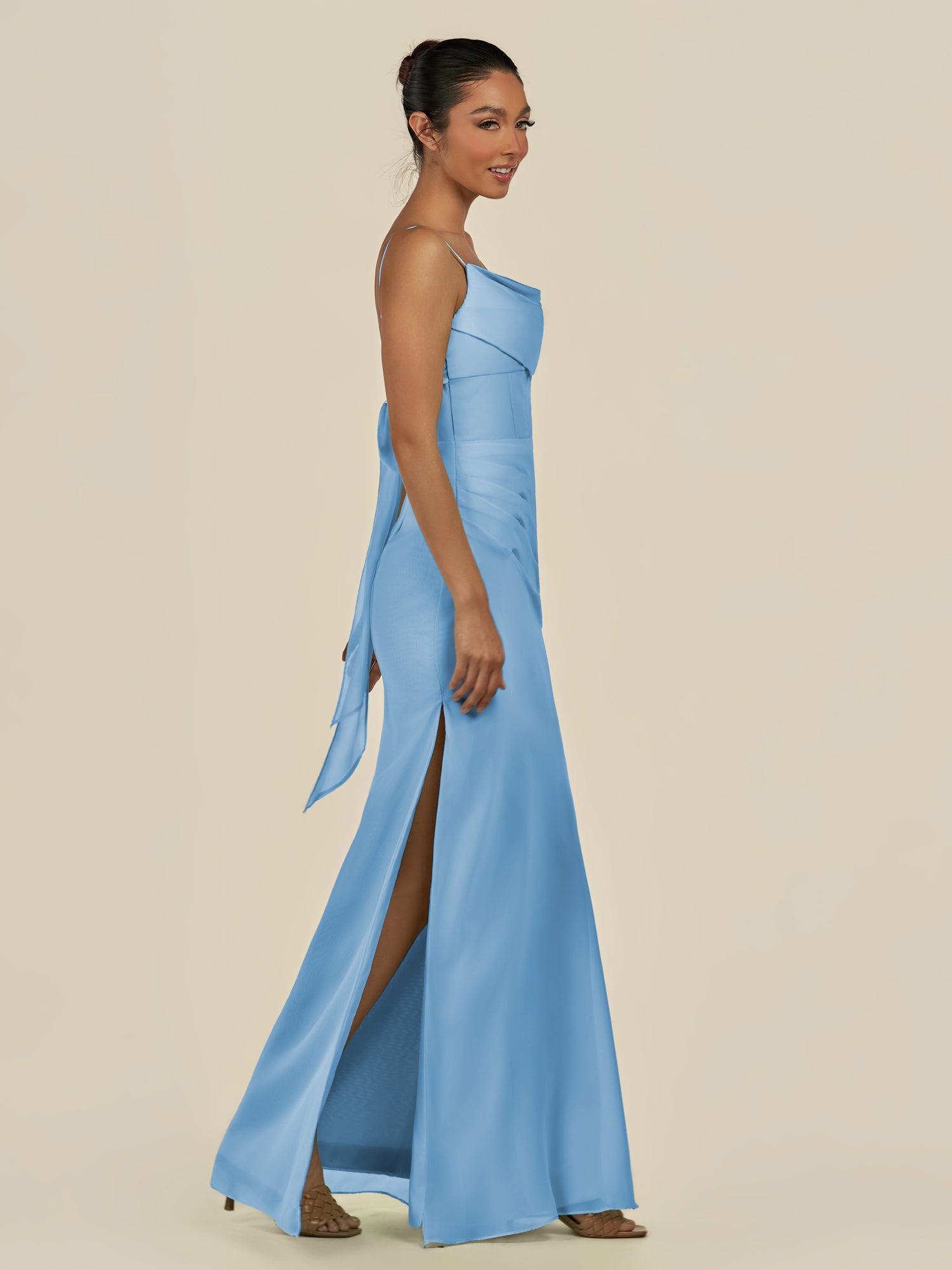 KissDress-Lumira Steel Blue Sheath Spaghetti Straps Chiffon Ruched Long Bridesmaid Dress