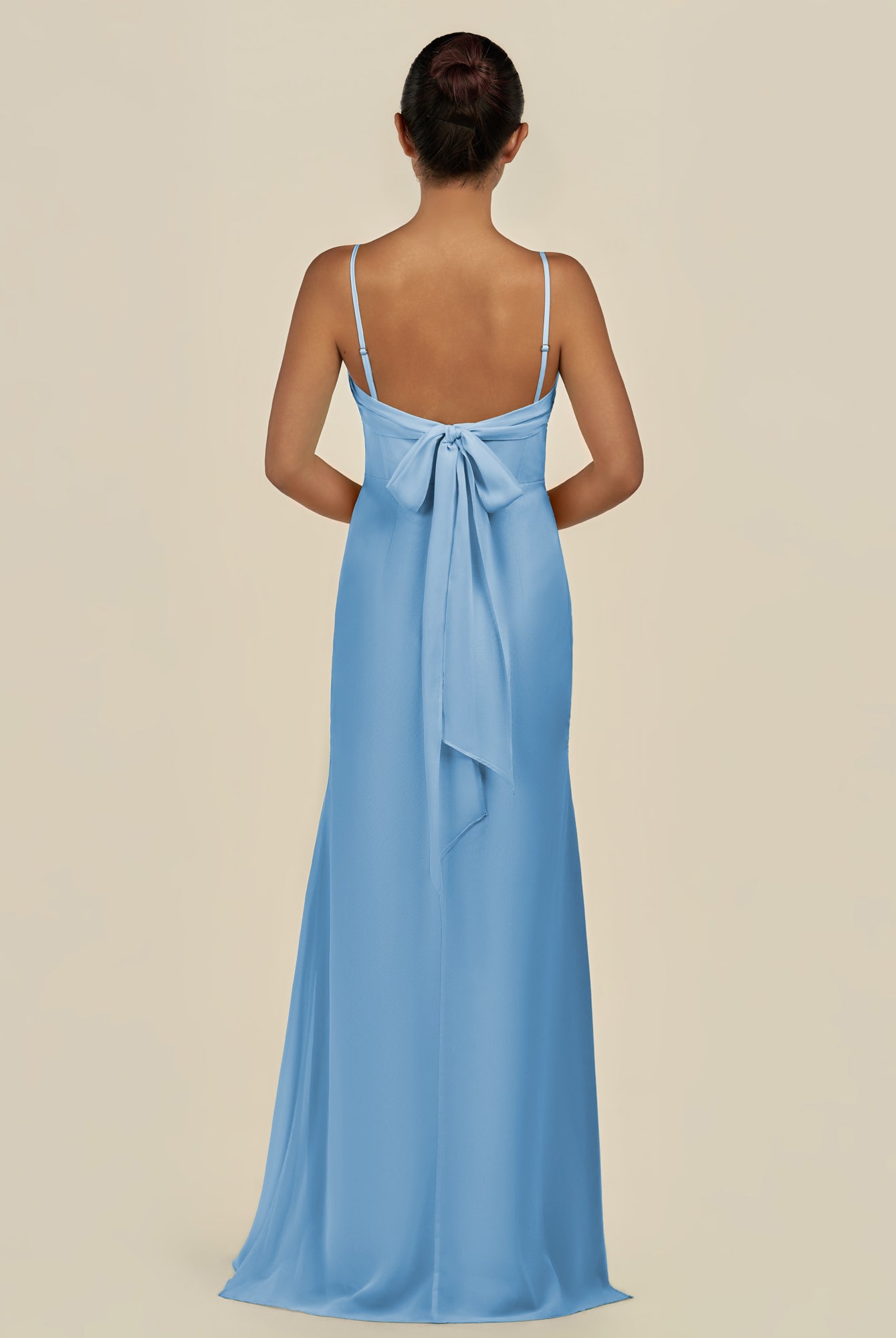 KissDress-Lumira Steel Blue Sheath Spaghetti Straps Chiffon Ruched Long Bridesmaid Dress