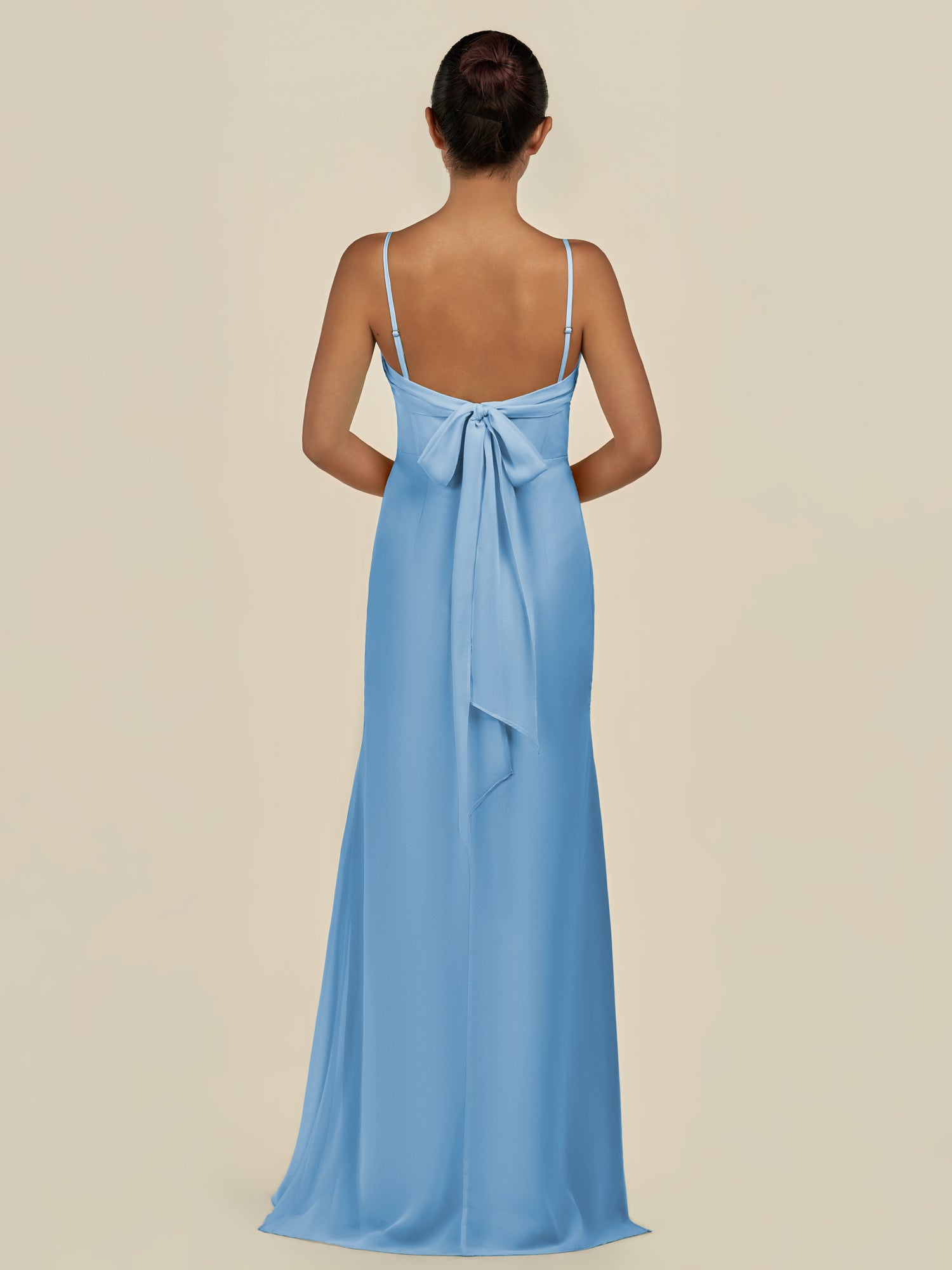 KissDress-Lumira Steel Blue Sheath Spaghetti Straps Chiffon Ruched Long Bridesmaid Dress