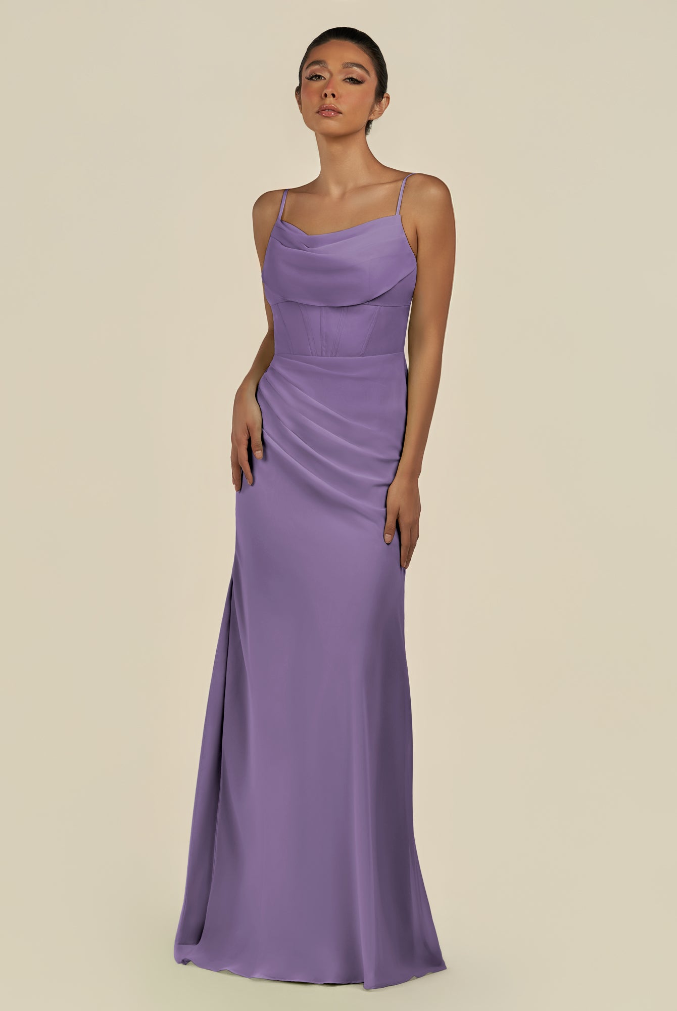 KissDress-Lumira Tahiti Sheath Spaghetti Straps Chiffon Ruched Long Bridesmaid Dress