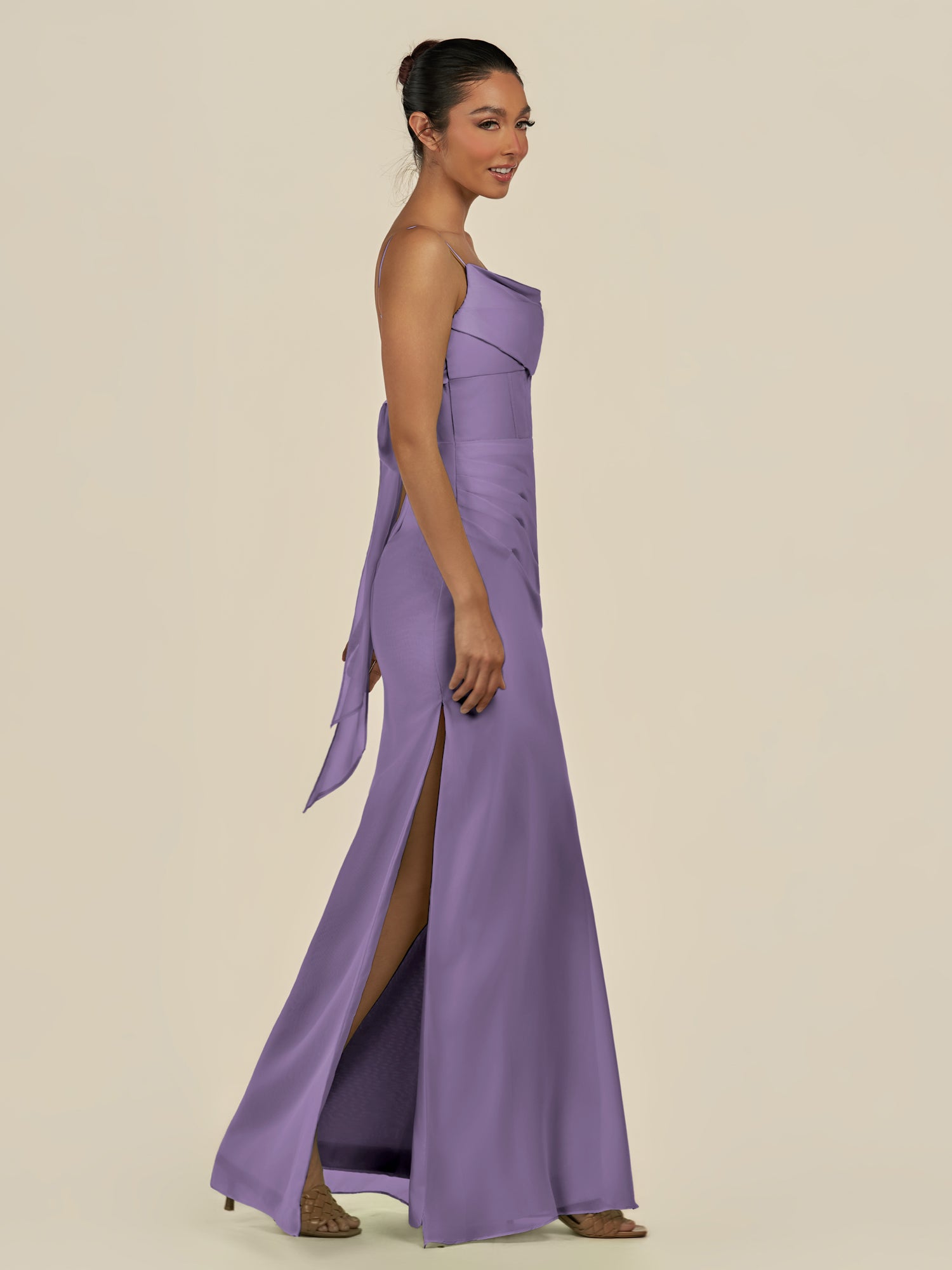 KissDress-Lumira Tahiti Sheath Spaghetti Straps Chiffon Ruched Long Bridesmaid Dress
