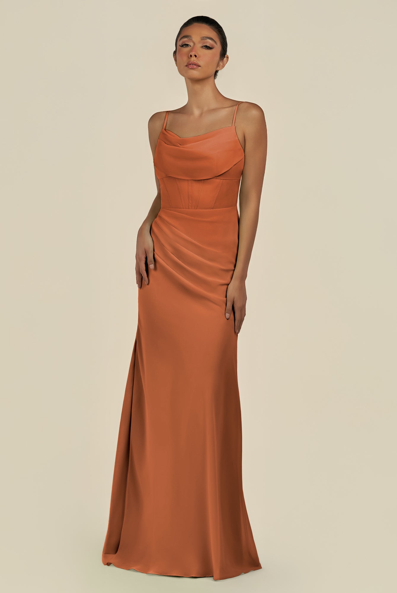 KissDress-Lumira Terracotta Sheath Spaghetti Straps Chiffon Ruched Long Bridesmaid Dress