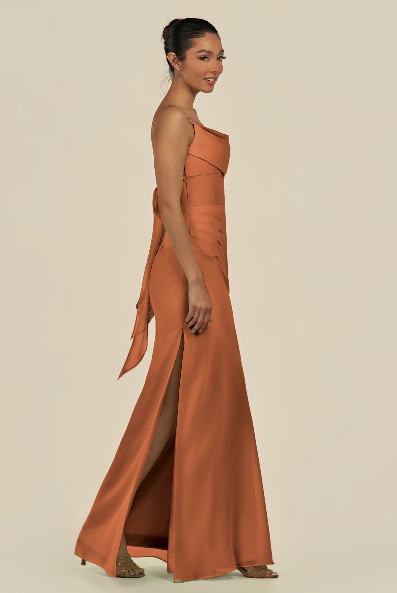 KissDress-Lumira Terracotta Sheath Spaghetti Straps Chiffon Ruched Long Bridesmaid Dress