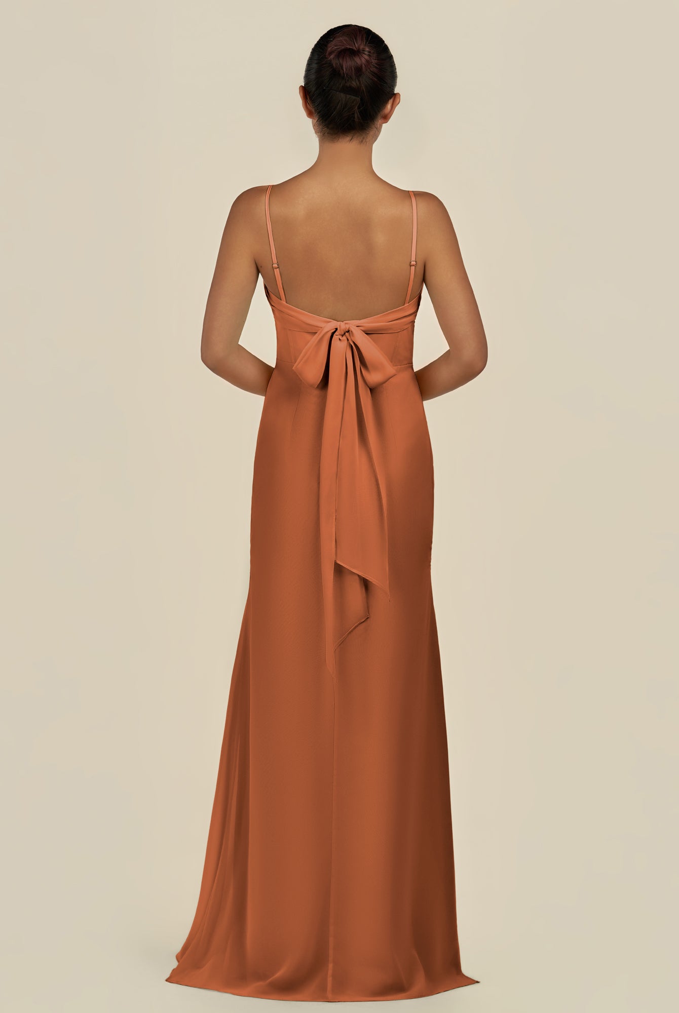KissDress-Lumira Terracotta Sheath Spaghetti Straps Chiffon Ruched Long Bridesmaid Dress