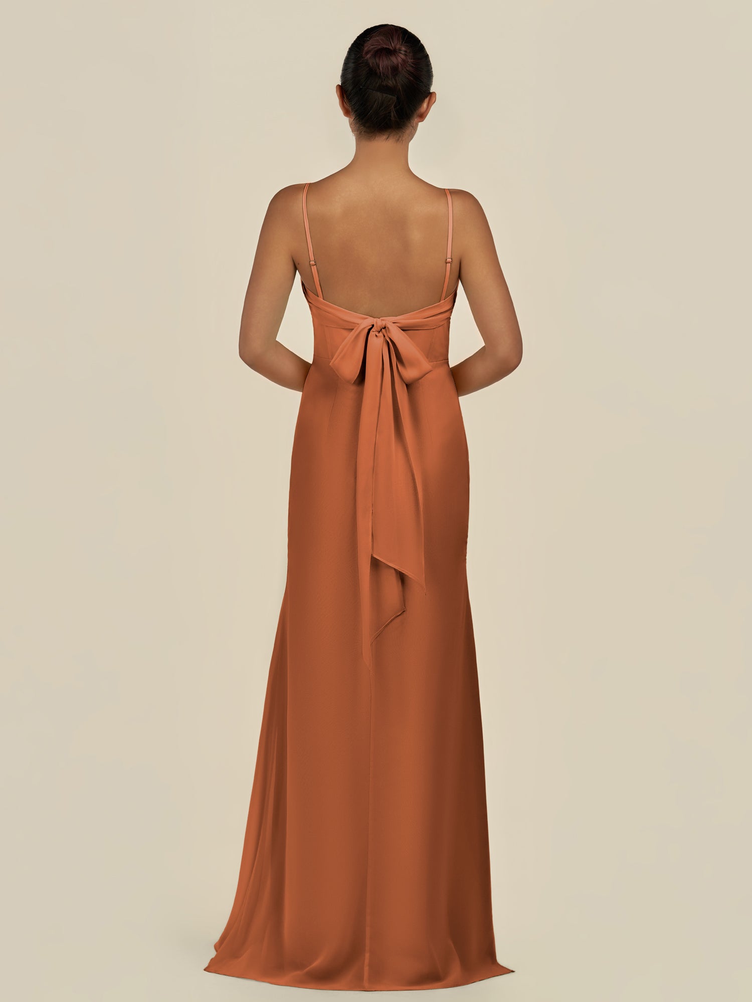 KissDress-Lumira Terracotta Sheath Spaghetti Straps Chiffon Ruched Long Bridesmaid Dress