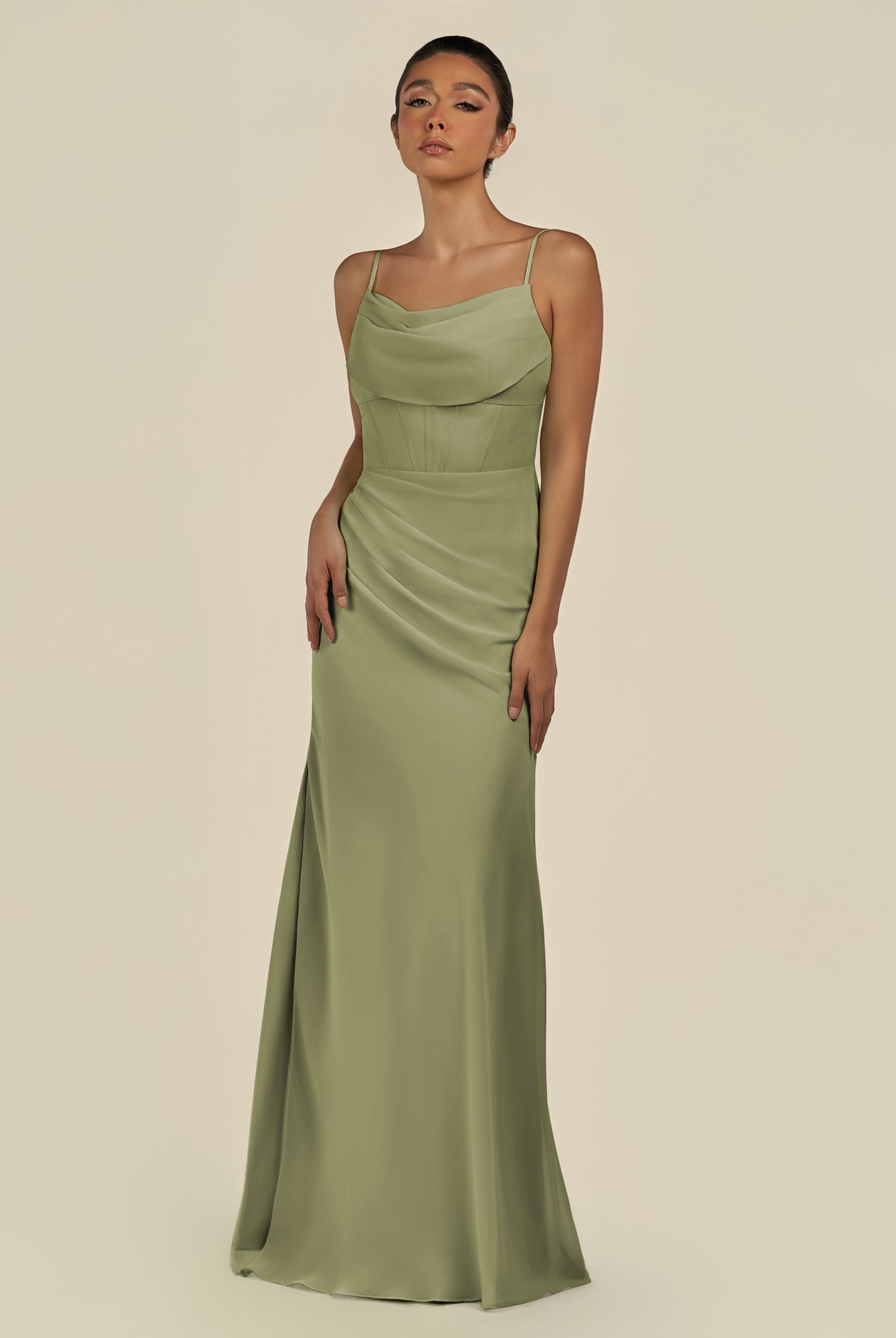 KissDress-Lumira Thyme Sheath Spaghetti Straps Chiffon Ruched Long Bridesmaid Dress