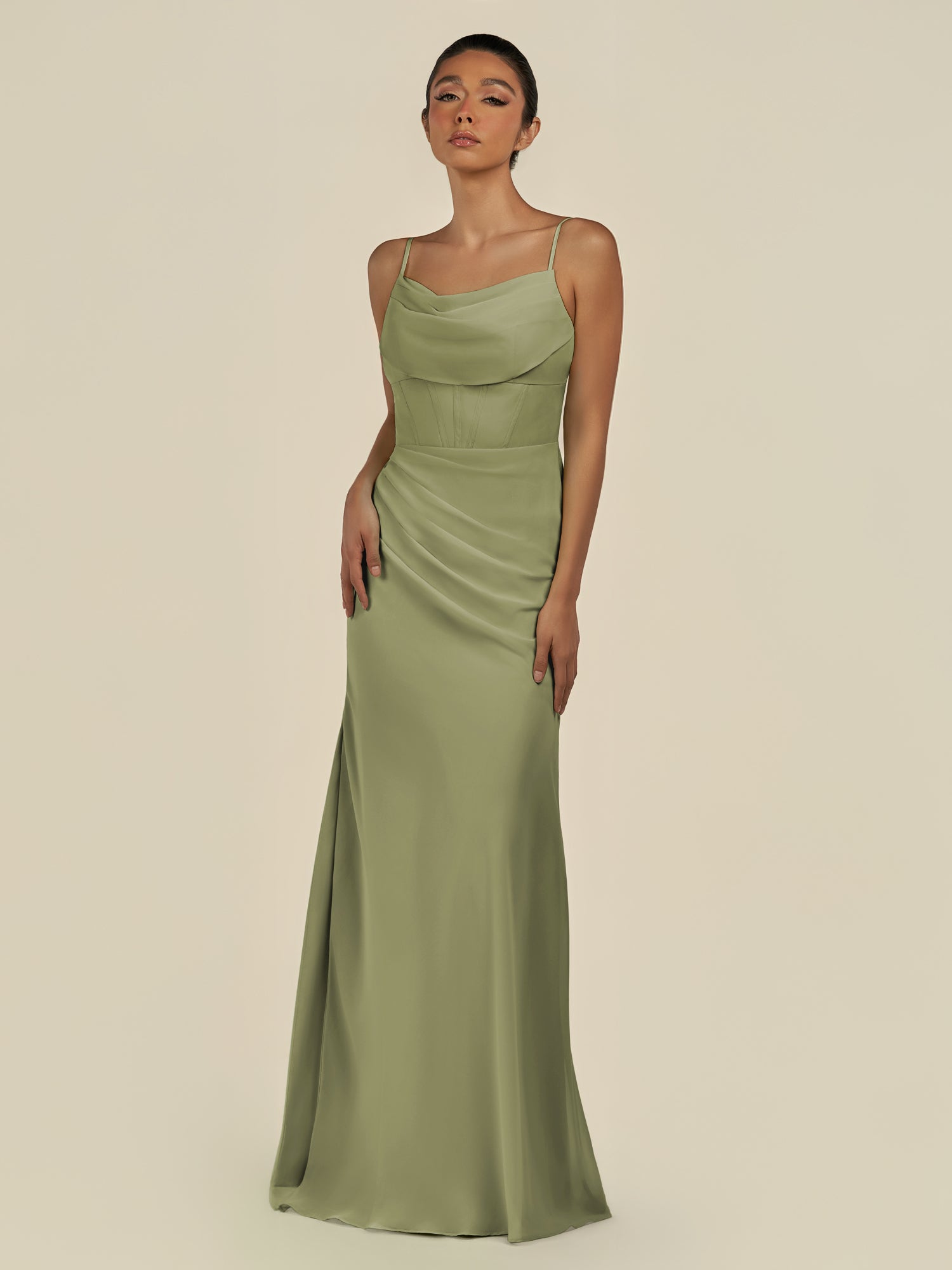 KissDress-Lumira Thyme Sheath Spaghetti Straps Chiffon Ruched Long Bridesmaid Dress