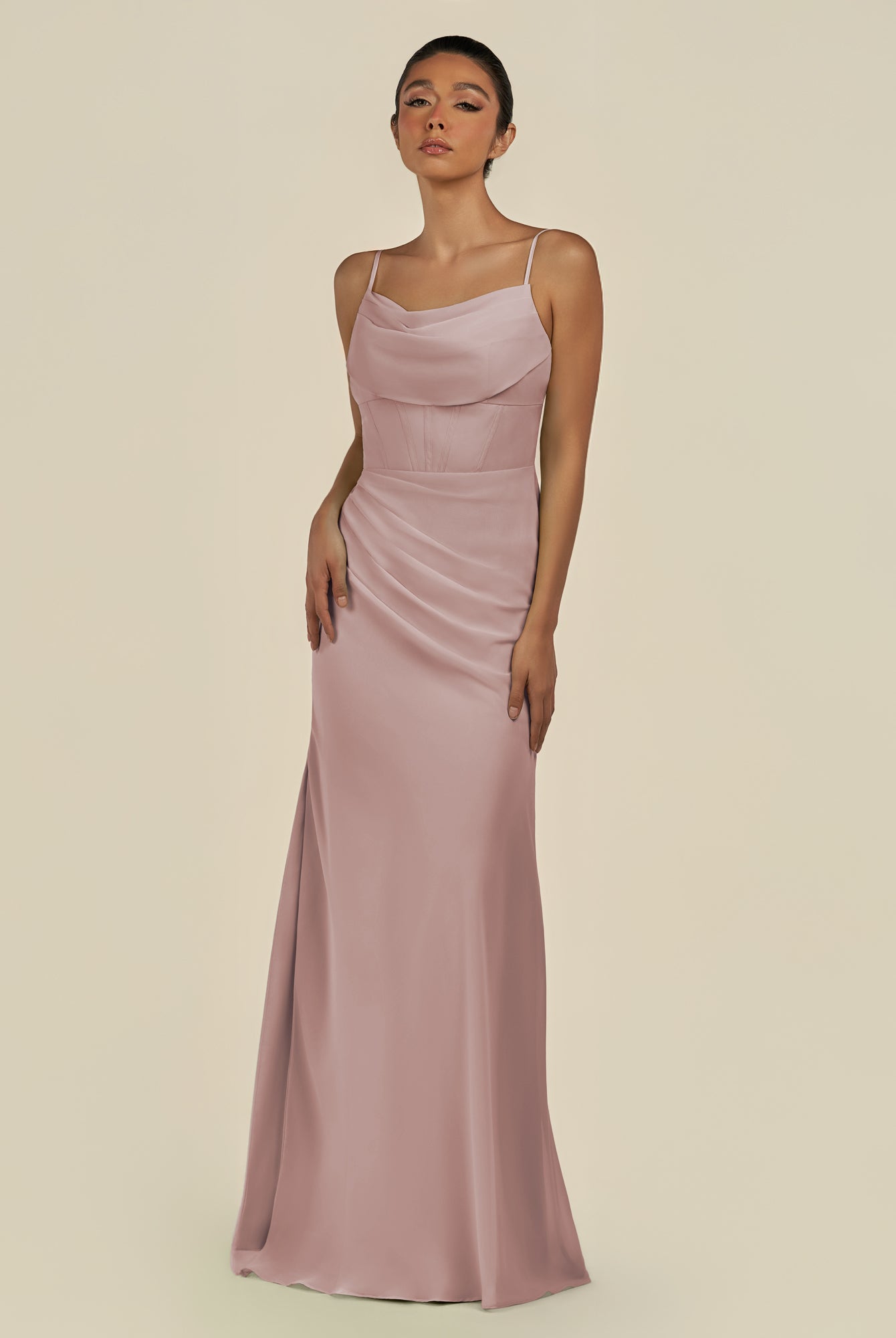 KissDress-Lumira Toffee Sheath Spaghetti Straps Chiffon Ruched Long Bridesmaid Dress