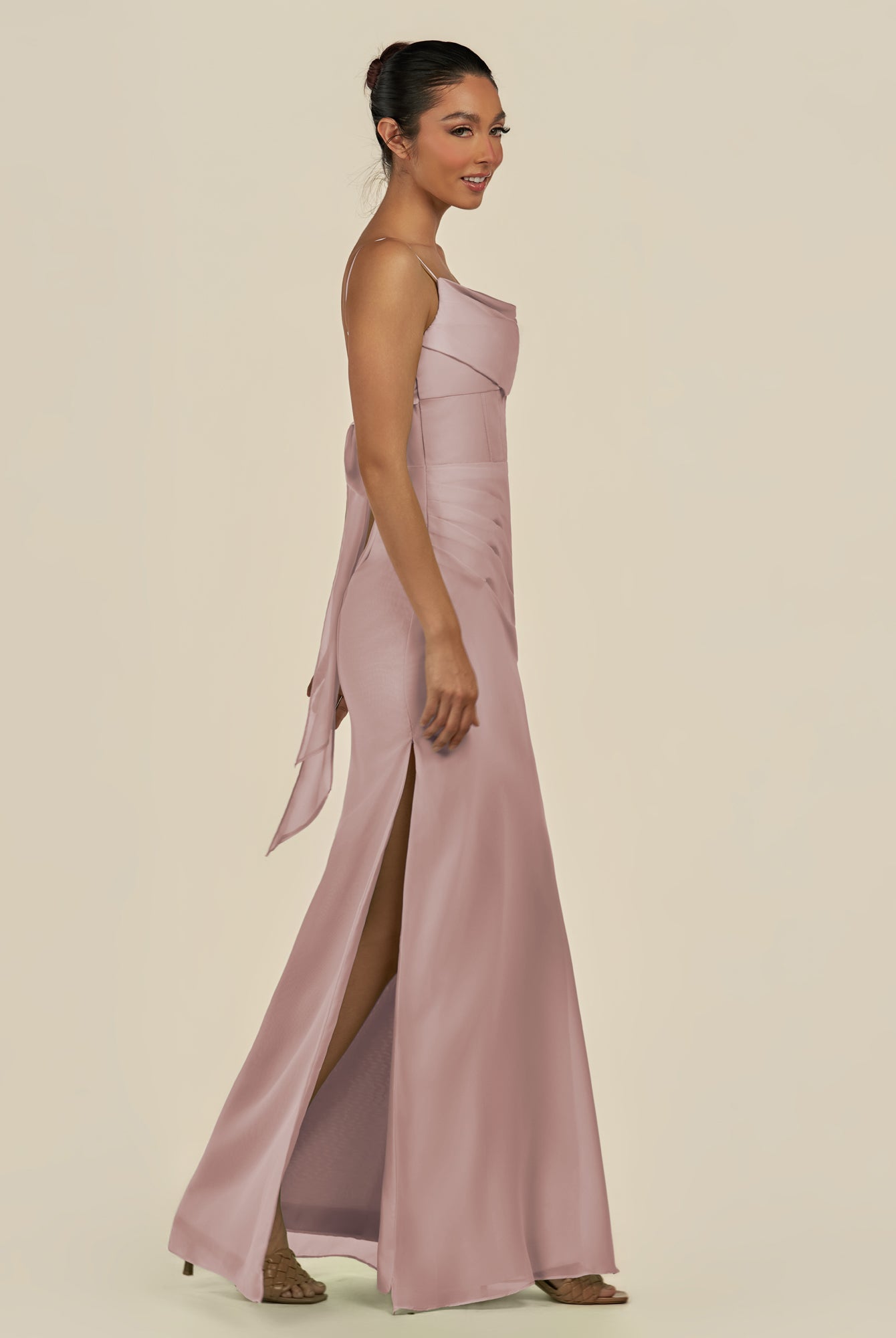 KissDress-Lumira Toffee Sheath Spaghetti Straps Chiffon Ruched Long Bridesmaid Dress