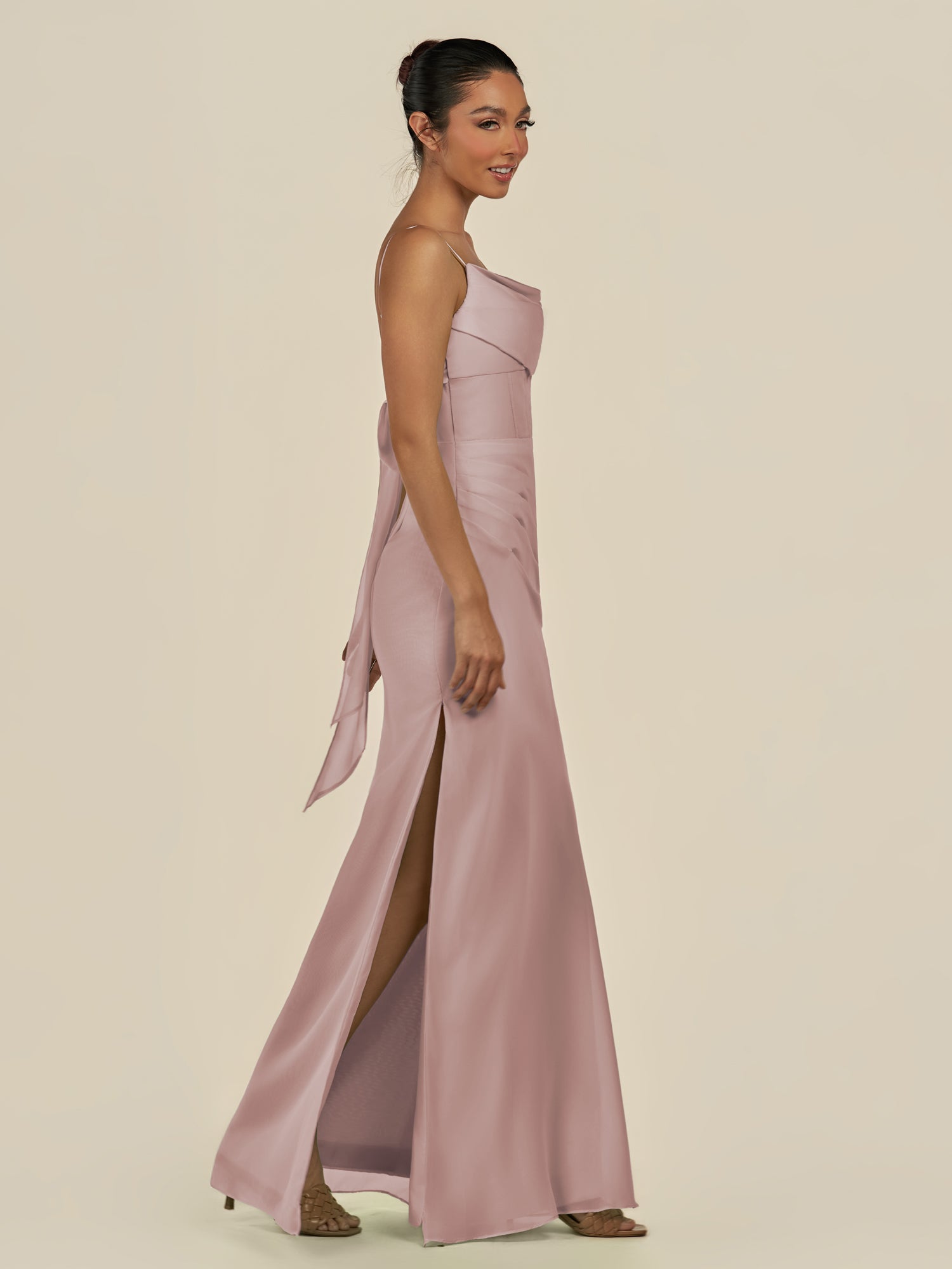 KissDress-Lumira Toffee Sheath Spaghetti Straps Chiffon Ruched Long Bridesmaid Dress