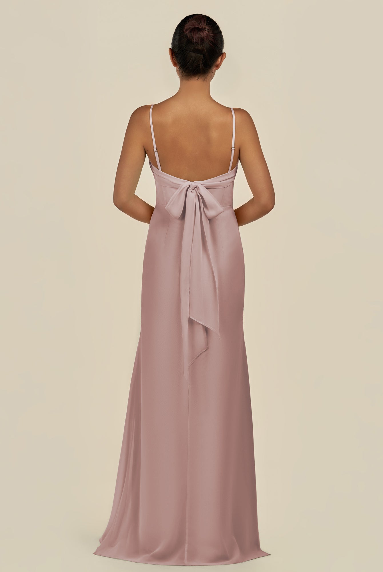 KissDress-Lumira Toffee Sheath Spaghetti Straps Chiffon Ruched Long Bridesmaid Dress