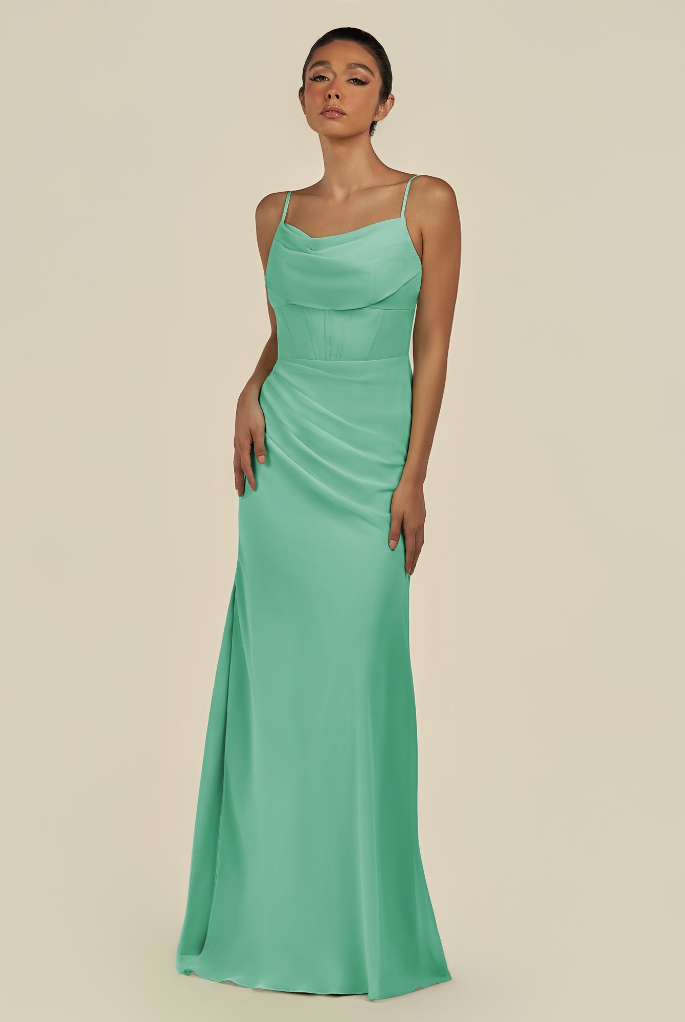 KissDress-Lumira Turquoise Sheath Spaghetti Straps Chiffon Ruched Long Bridesmaid Dress