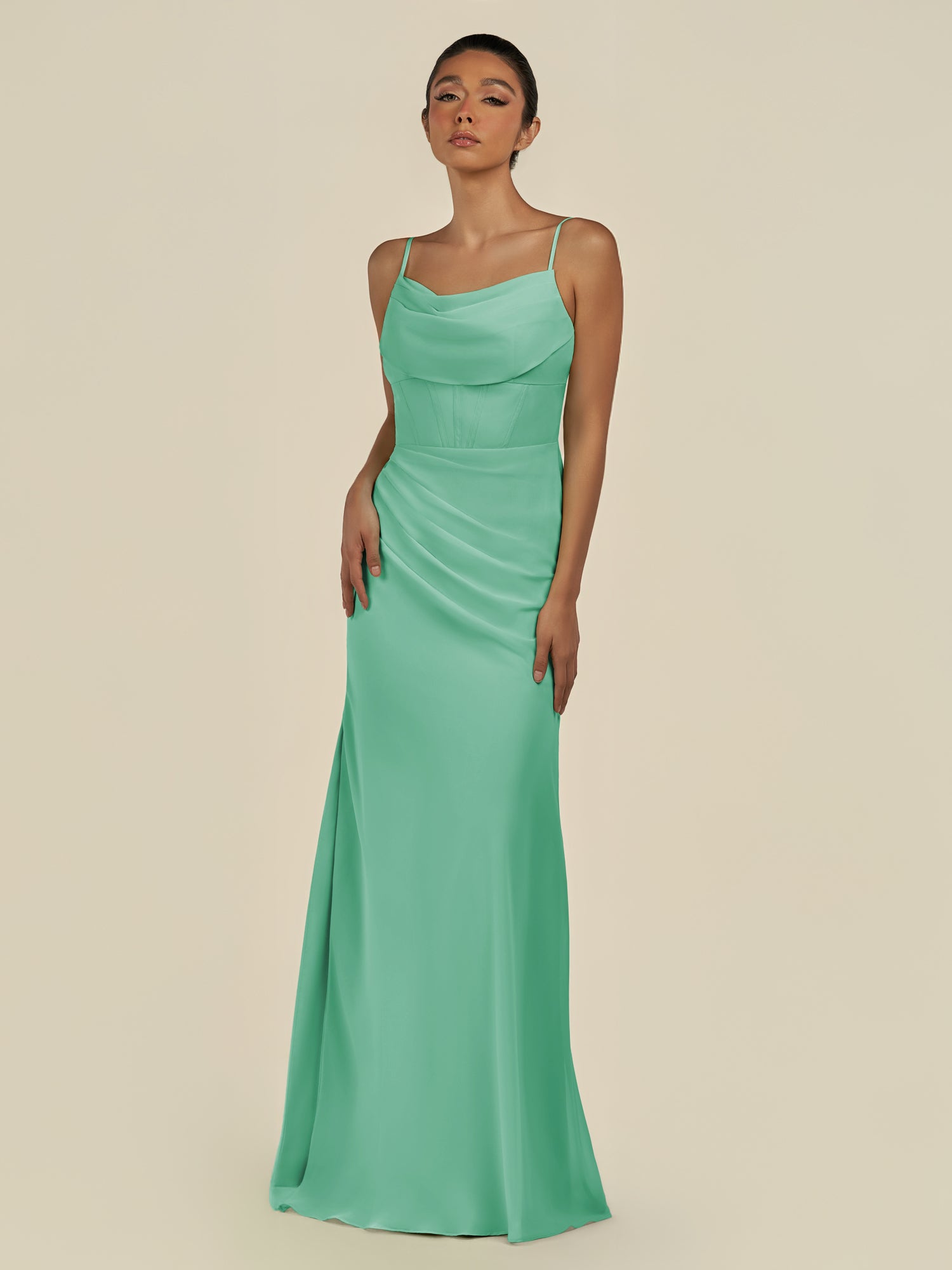 KissDress-Lumira Turquoise Sheath Spaghetti Straps Chiffon Ruched Long Bridesmaid Dress
