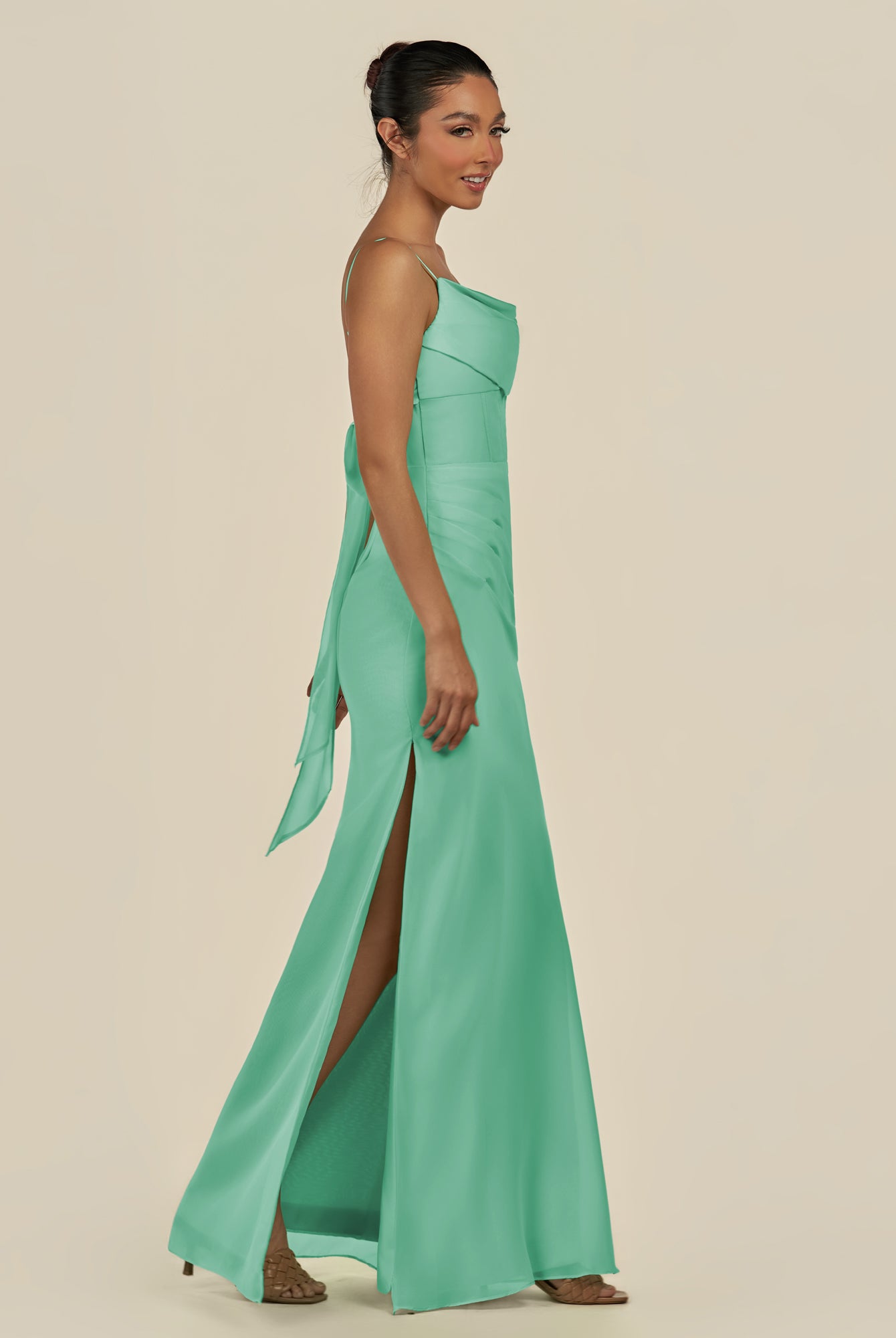 KissDress-Lumira Turquoise Sheath Spaghetti Straps Chiffon Ruched Long Bridesmaid Dress