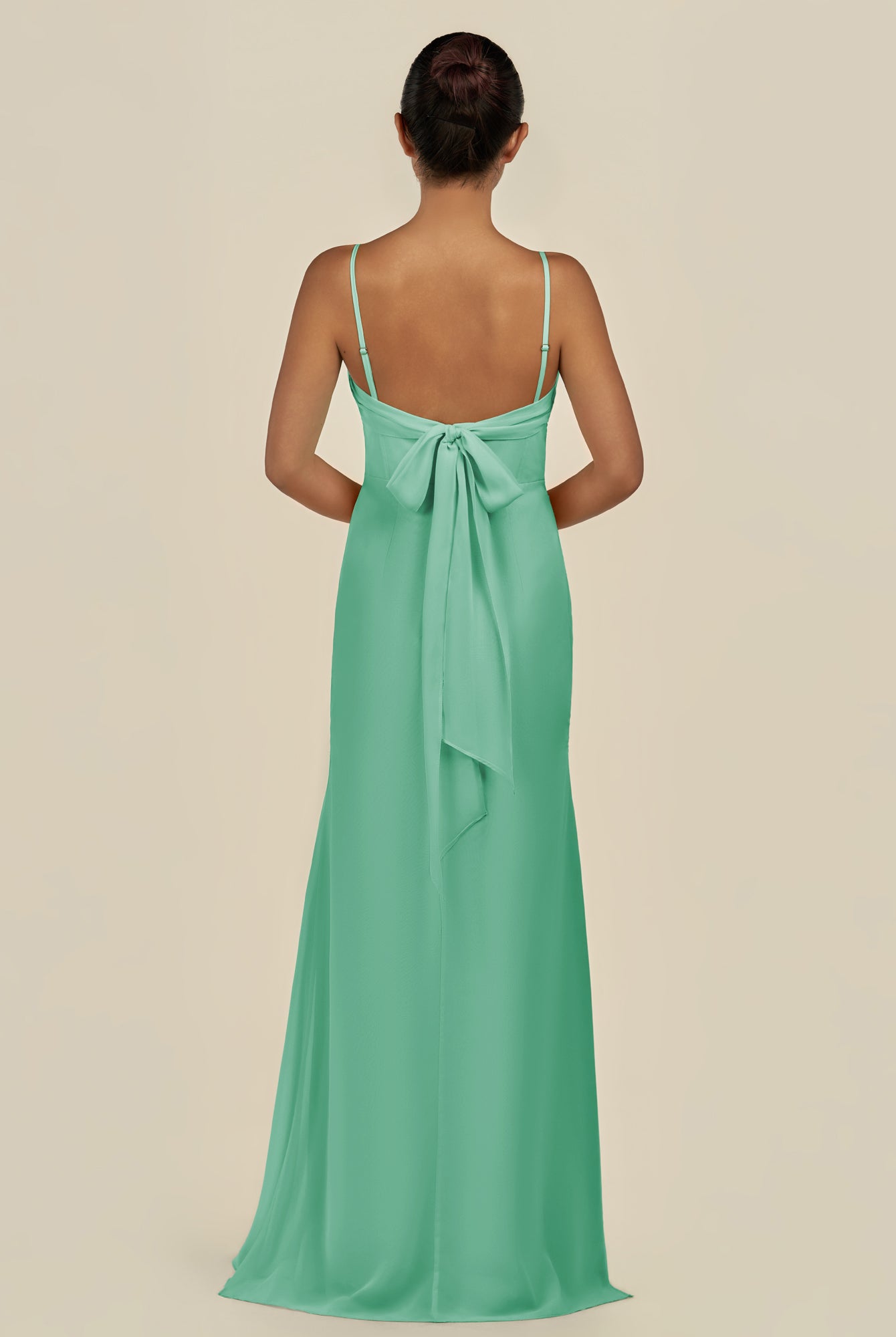 KissDress-Lumira Turquoise Sheath Spaghetti Straps Chiffon Ruched Long Bridesmaid Dress