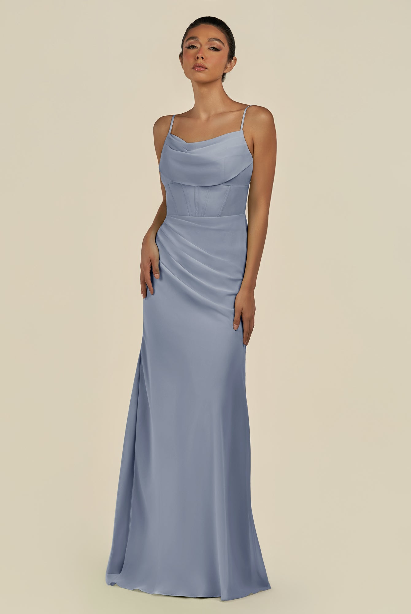 KissDress-Lumira Twilight Sheath Spaghetti Straps Chiffon Ruched Long Bridesmaid Dress