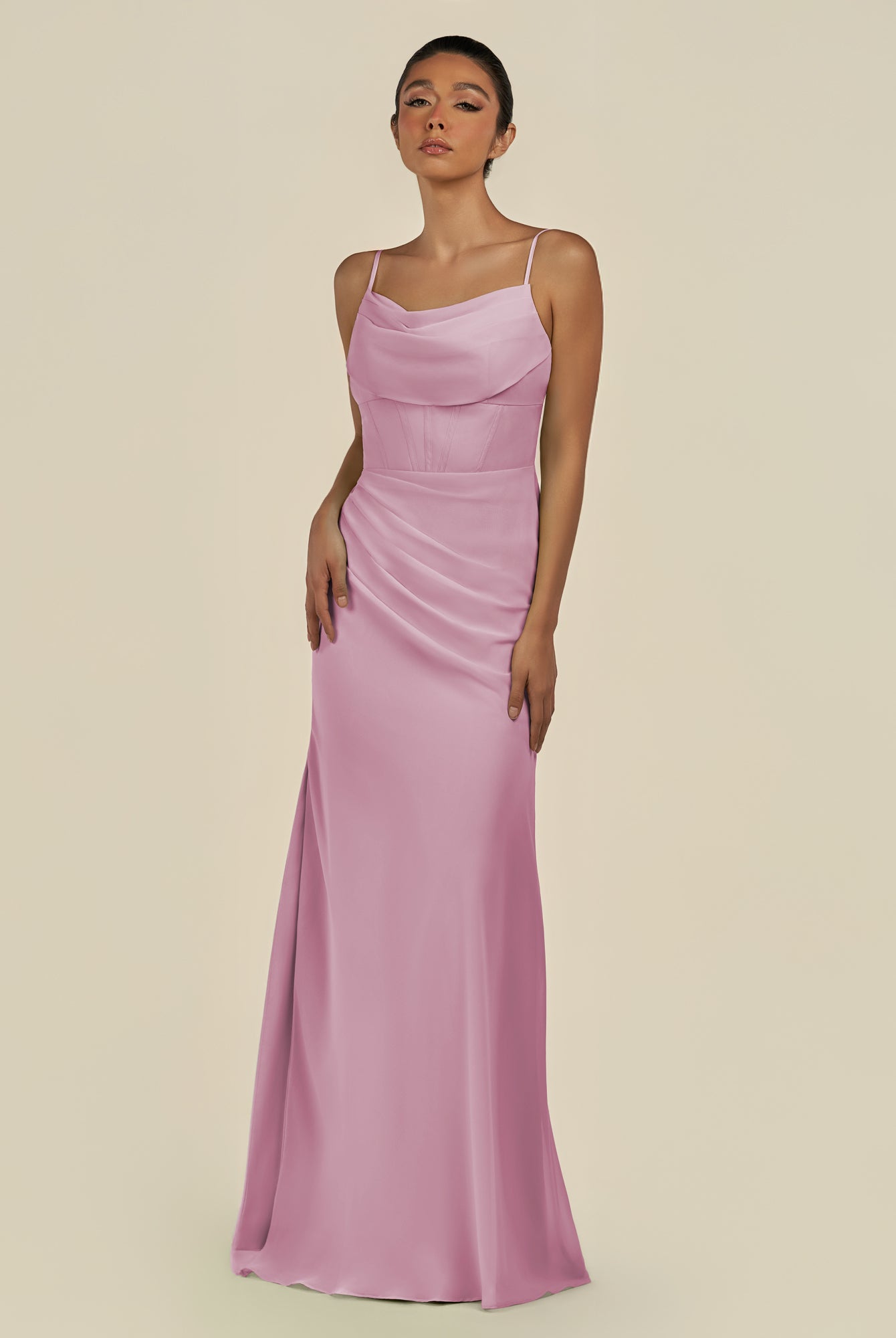 KissDress-Lumira Vintage Mauve Sheath Spaghetti Straps Chiffon Ruched Long Bridesmaid Dress