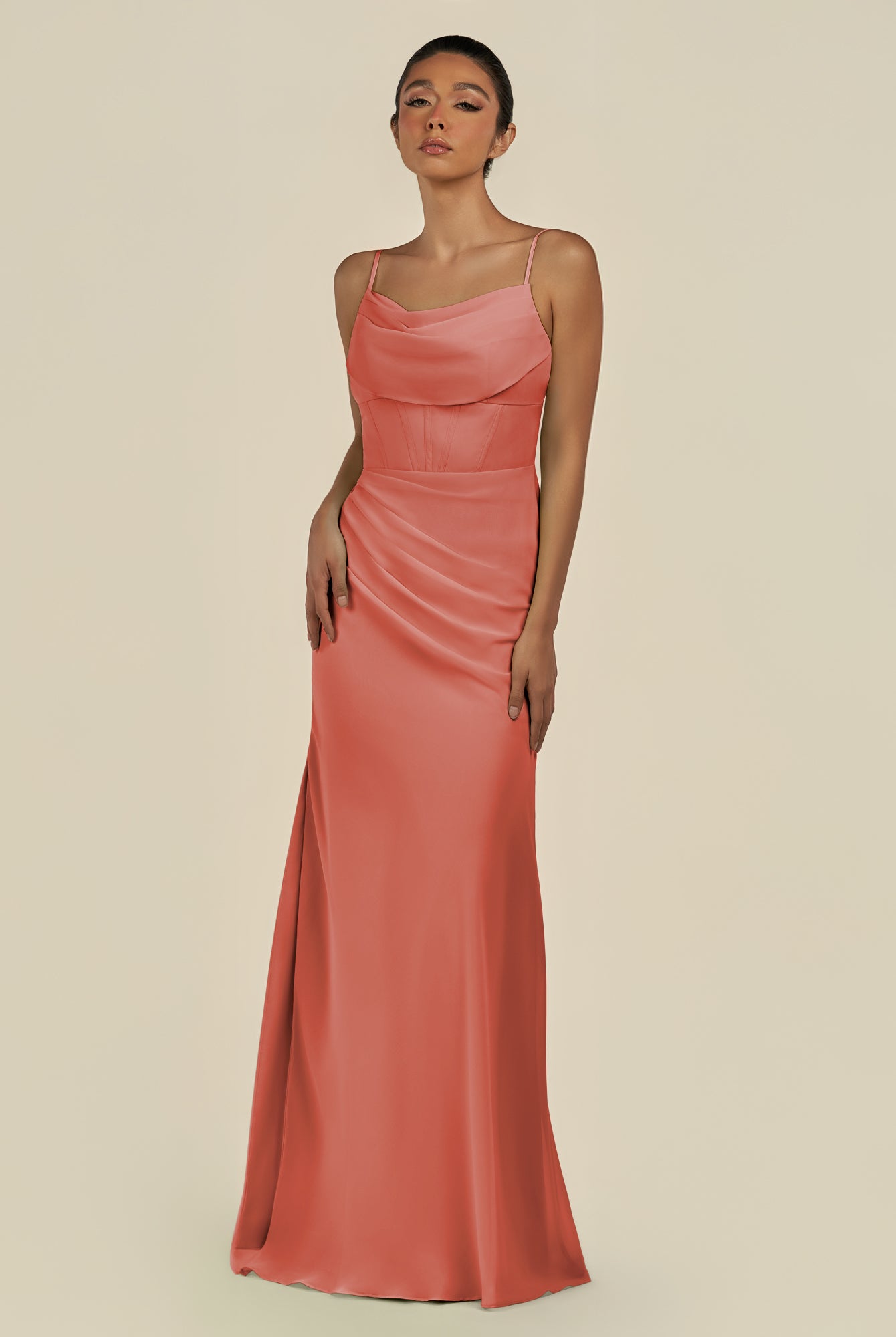KissDress-Lumira Wild Rose Sheath Spaghetti Straps Chiffon Ruched Long Bridesmaid Dress