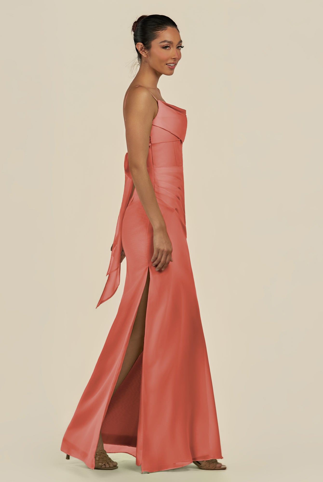 KissDress-Lumira Wild Rose Sheath Spaghetti Straps Chiffon Ruched Long Bridesmaid Dress