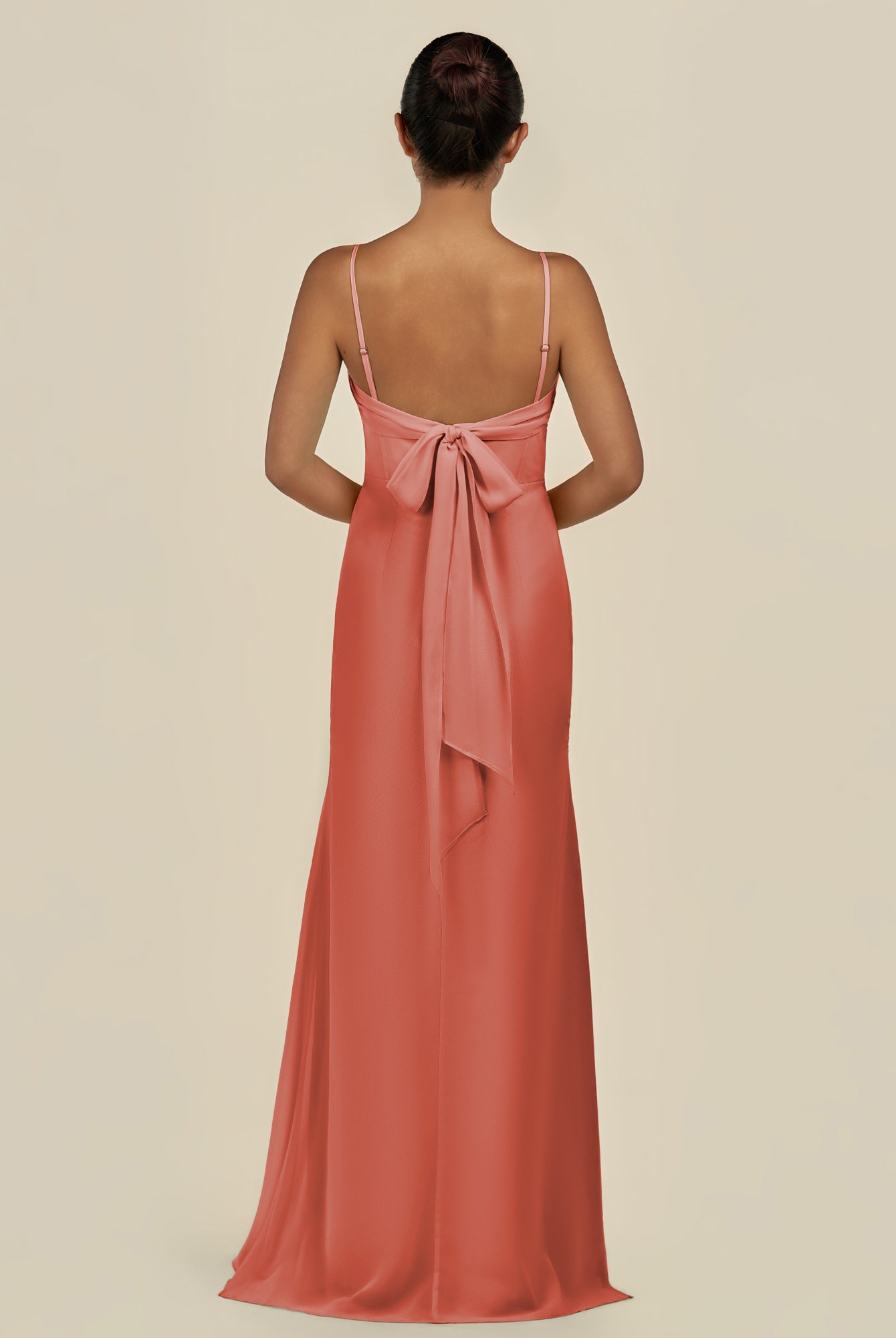 KissDress-Lumira Wild Rose Sheath Spaghetti Straps Chiffon Ruched Long Bridesmaid Dress