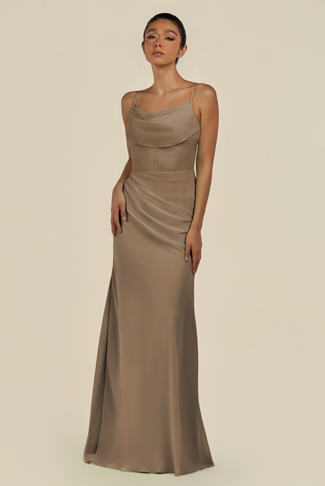 KissDress-Lumira Willow Green Sheath Spaghetti Straps Chiffon Ruched Long Bridesmaid Dress