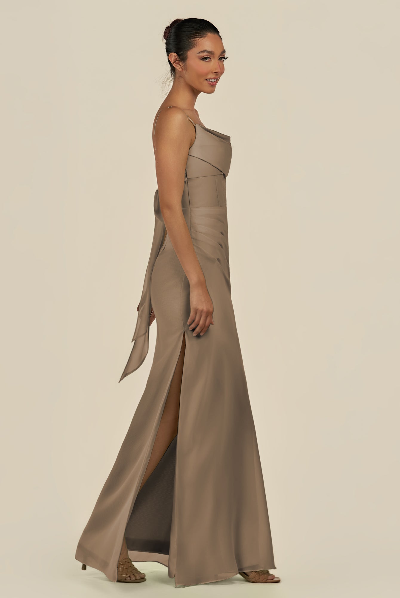 KissDress-Lumira Willow Green Sheath Spaghetti Straps Chiffon Ruched Long Bridesmaid Dress