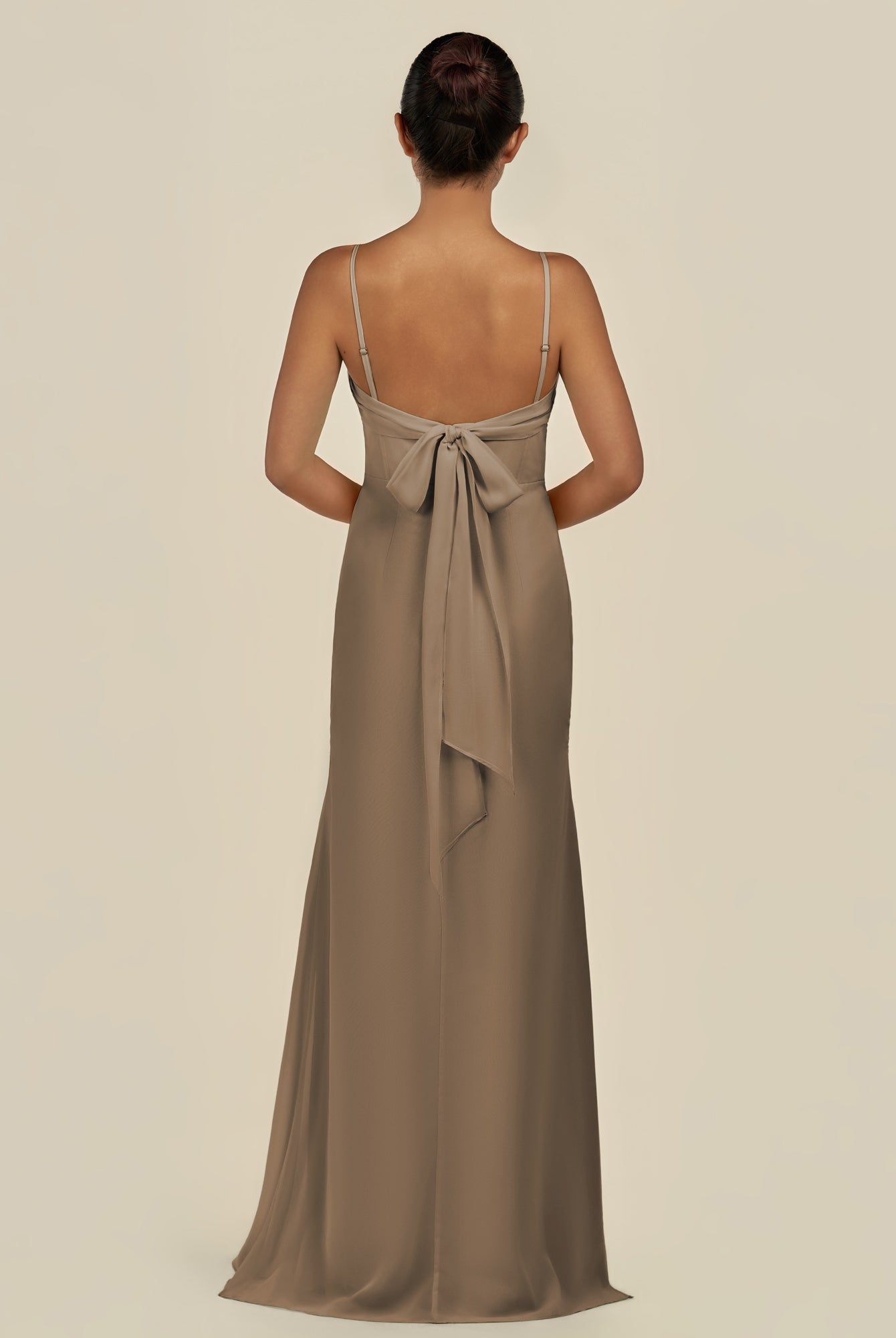 KissDress-Lumira Willow Green Sheath Spaghetti Straps Chiffon Ruched Long Bridesmaid Dress