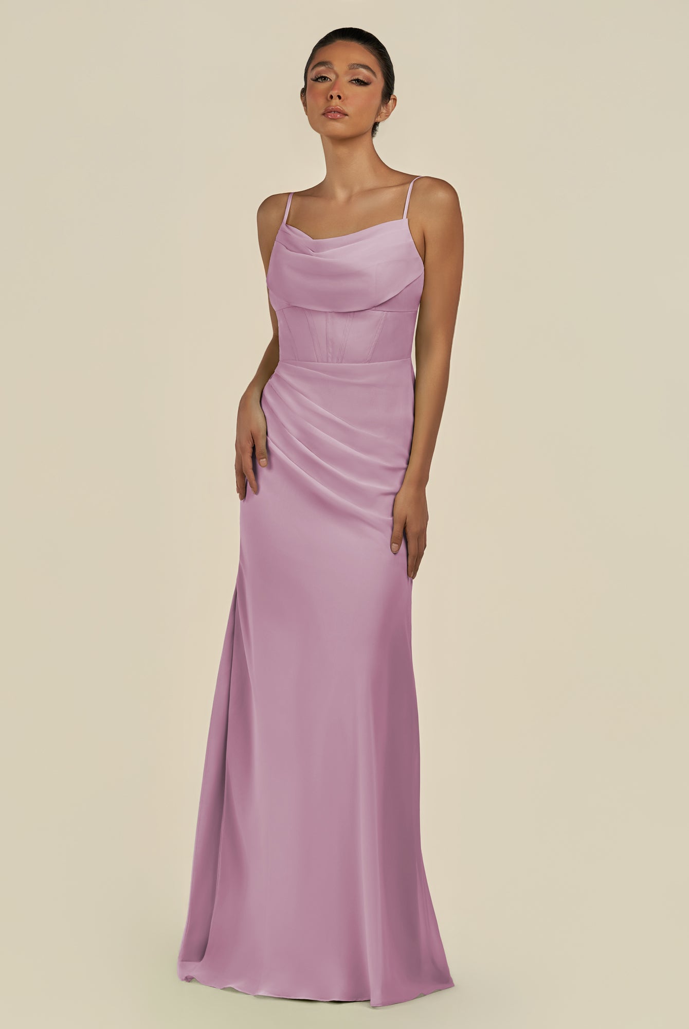 KissDress-Lumira Wisteria Sheath Spaghetti Straps Chiffon Ruched Long Bridesmaid Dress