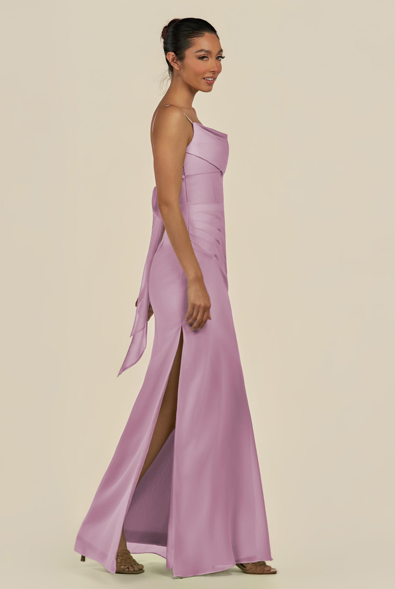 KissDress-Lumira Wisteria Sheath Spaghetti Straps Chiffon Ruched Long Bridesmaid Dress