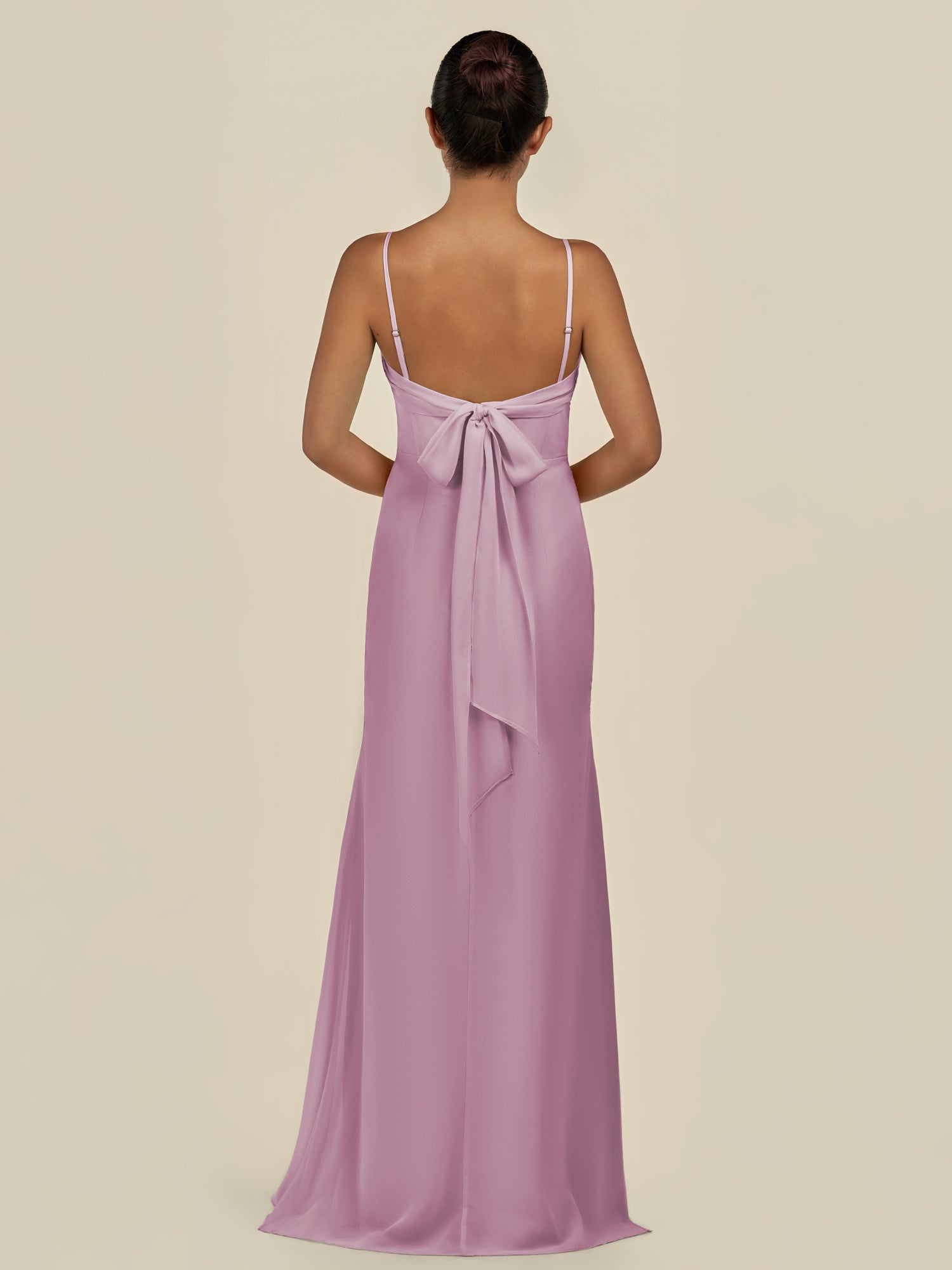 KissDress-Lumira Wisteria Sheath Spaghetti Straps Chiffon Ruched Long Bridesmaid Dress