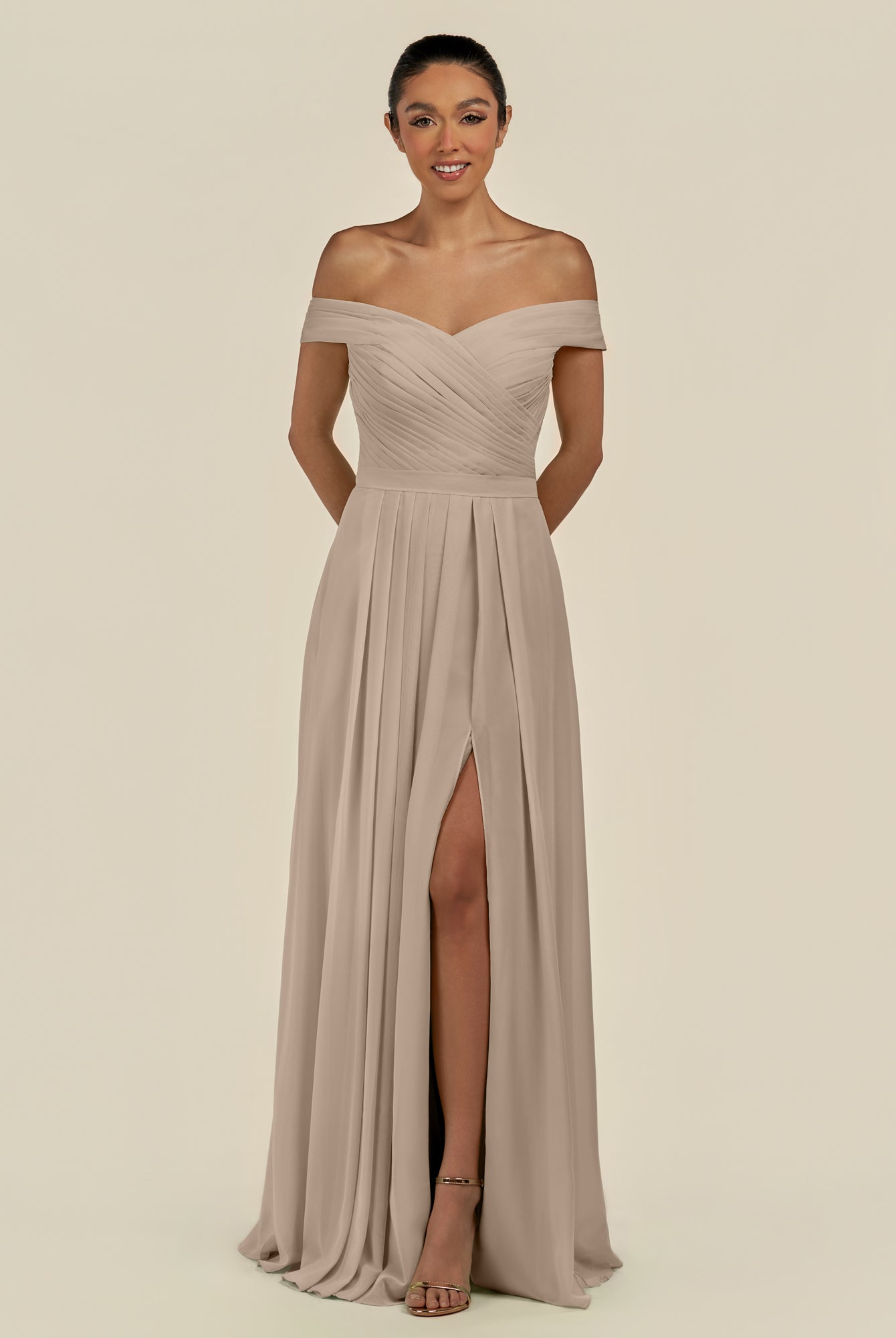 KissDress-Lurina Almond A Line Chiffon Off the Shoulder Pleated Long Bridesmaid Dress with Slit