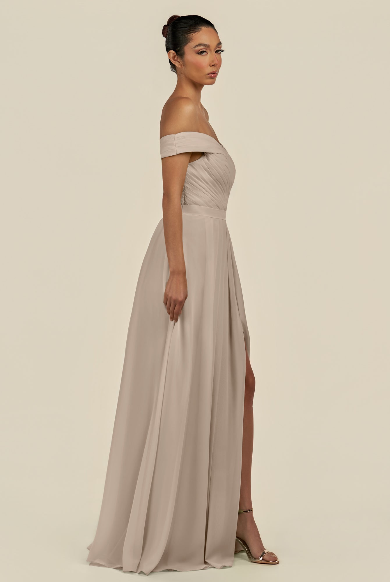 KissDress-Lurina Almond A Line Chiffon Off the Shoulder Pleated Long Bridesmaid Dress with Slit