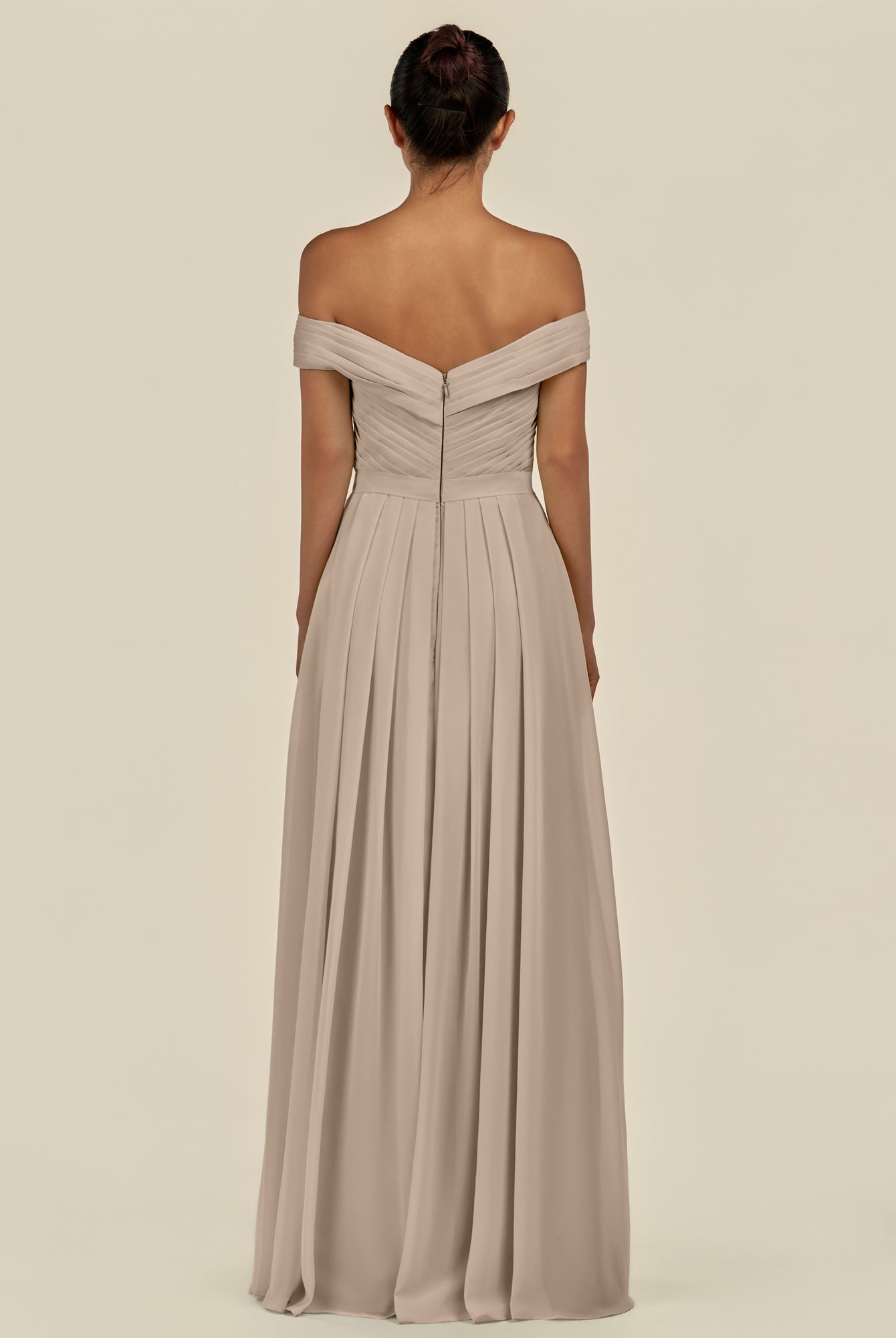 KissDress-Lurina Almond A Line Chiffon Off the Shoulder Pleated Long Bridesmaid Dress with Slit