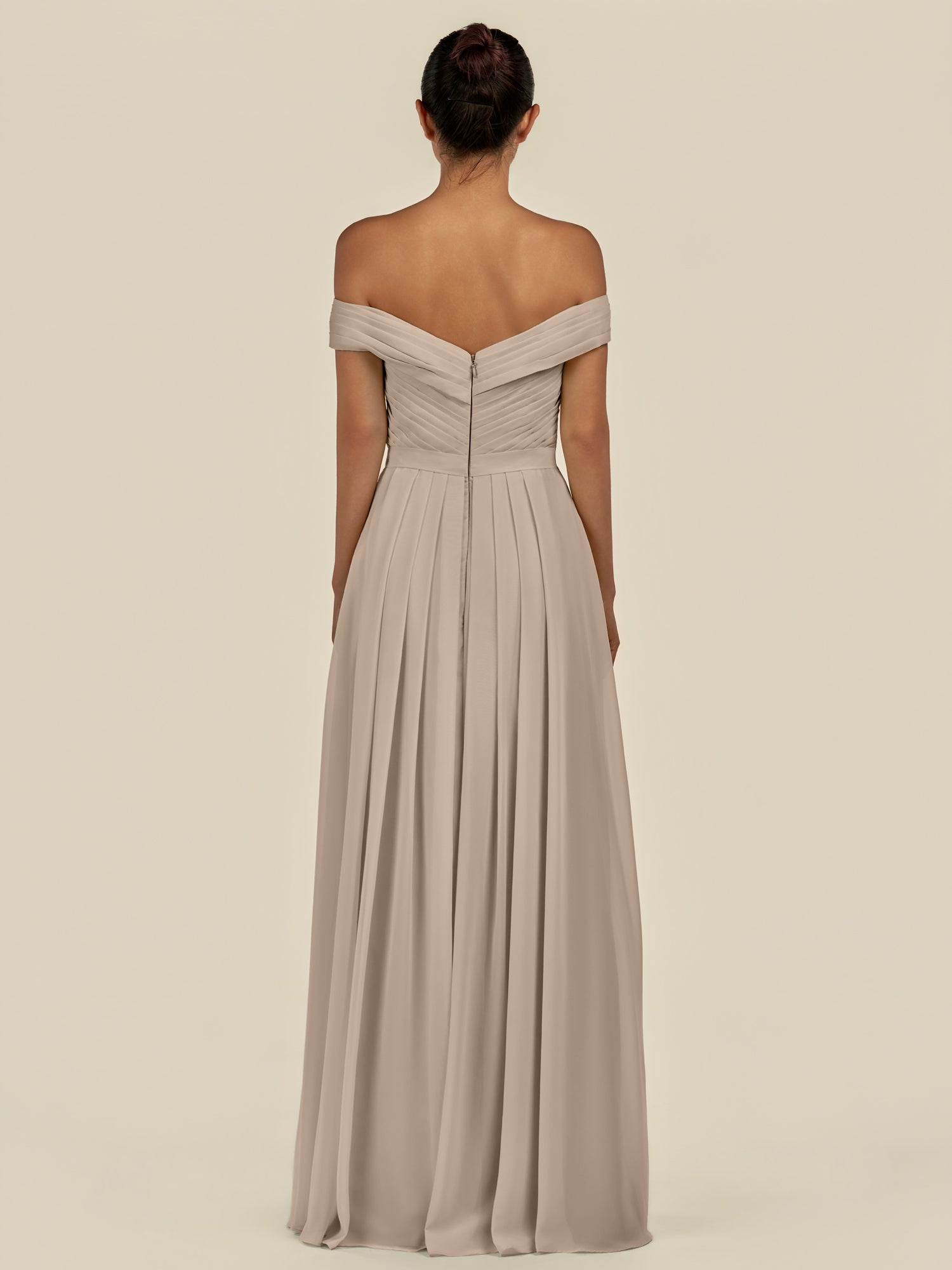 KissDress-Lurina Almond A Line Chiffon Off the Shoulder Pleated Long Bridesmaid Dress with Slit
