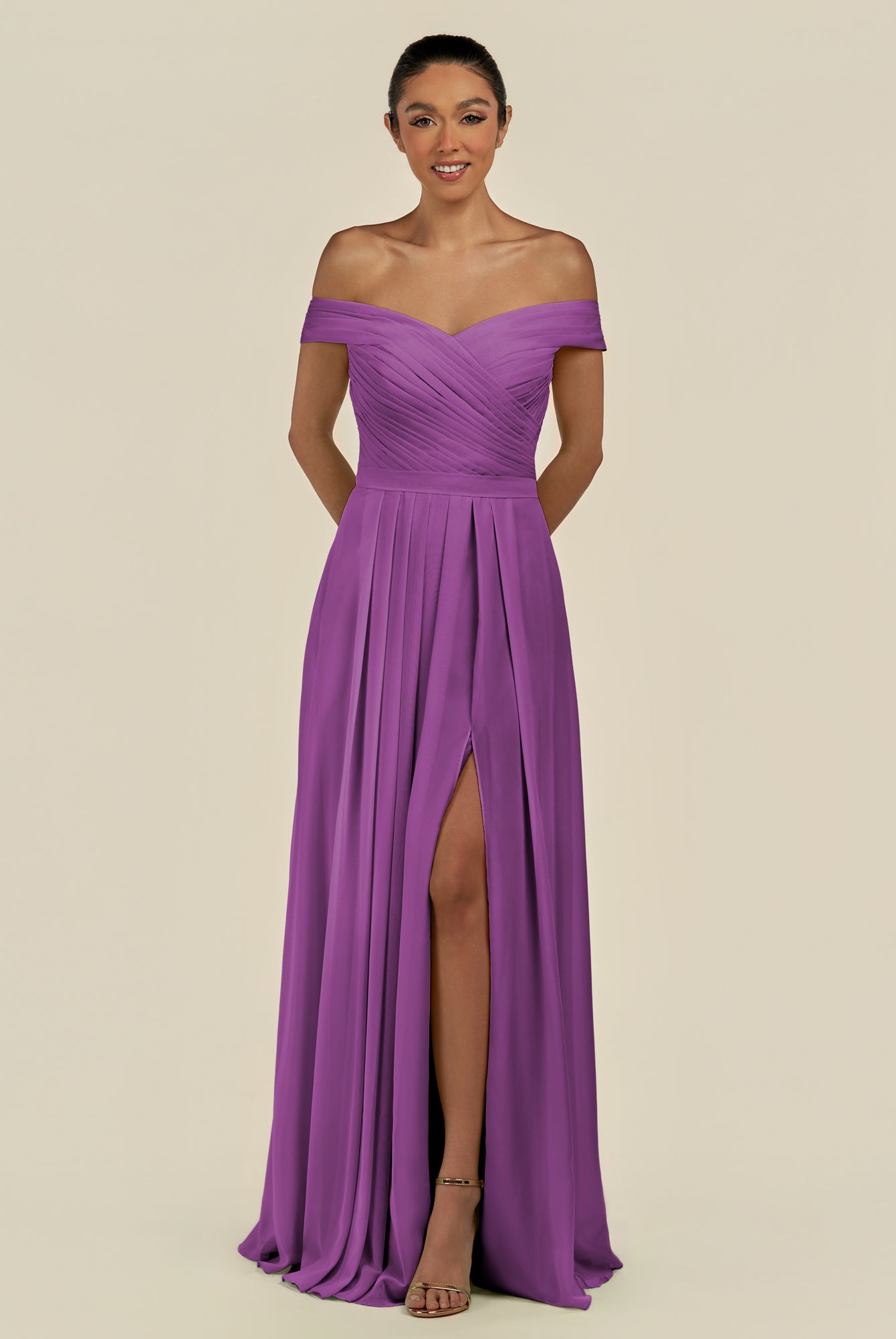 KissDress-Lurina Amethyst A Line Chiffon Off the Shoulder Pleated Long Bridesmaid Dress with Slit