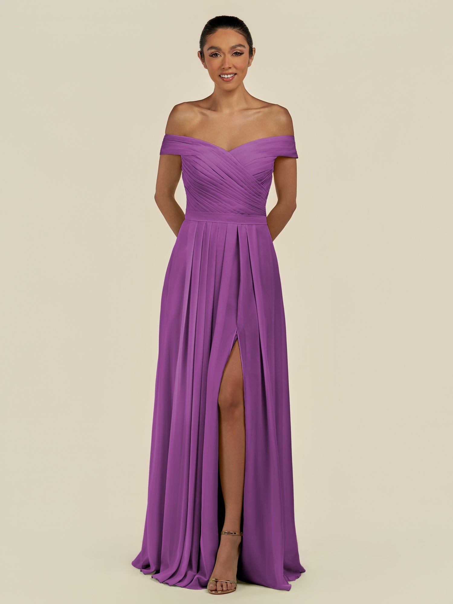 KissDress-Lurina Amethyst A Line Chiffon Off the Shoulder Pleated Long Bridesmaid Dress with Slit