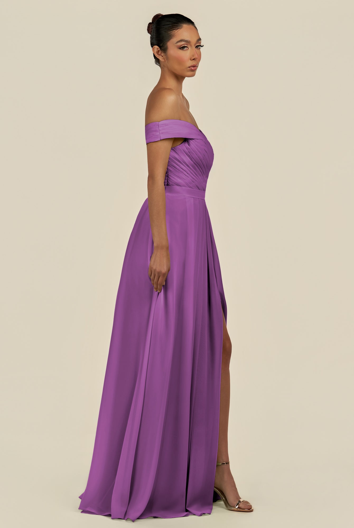 KissDress-Lurina Amethyst A Line Chiffon Off the Shoulder Pleated Long Bridesmaid Dress with Slit
