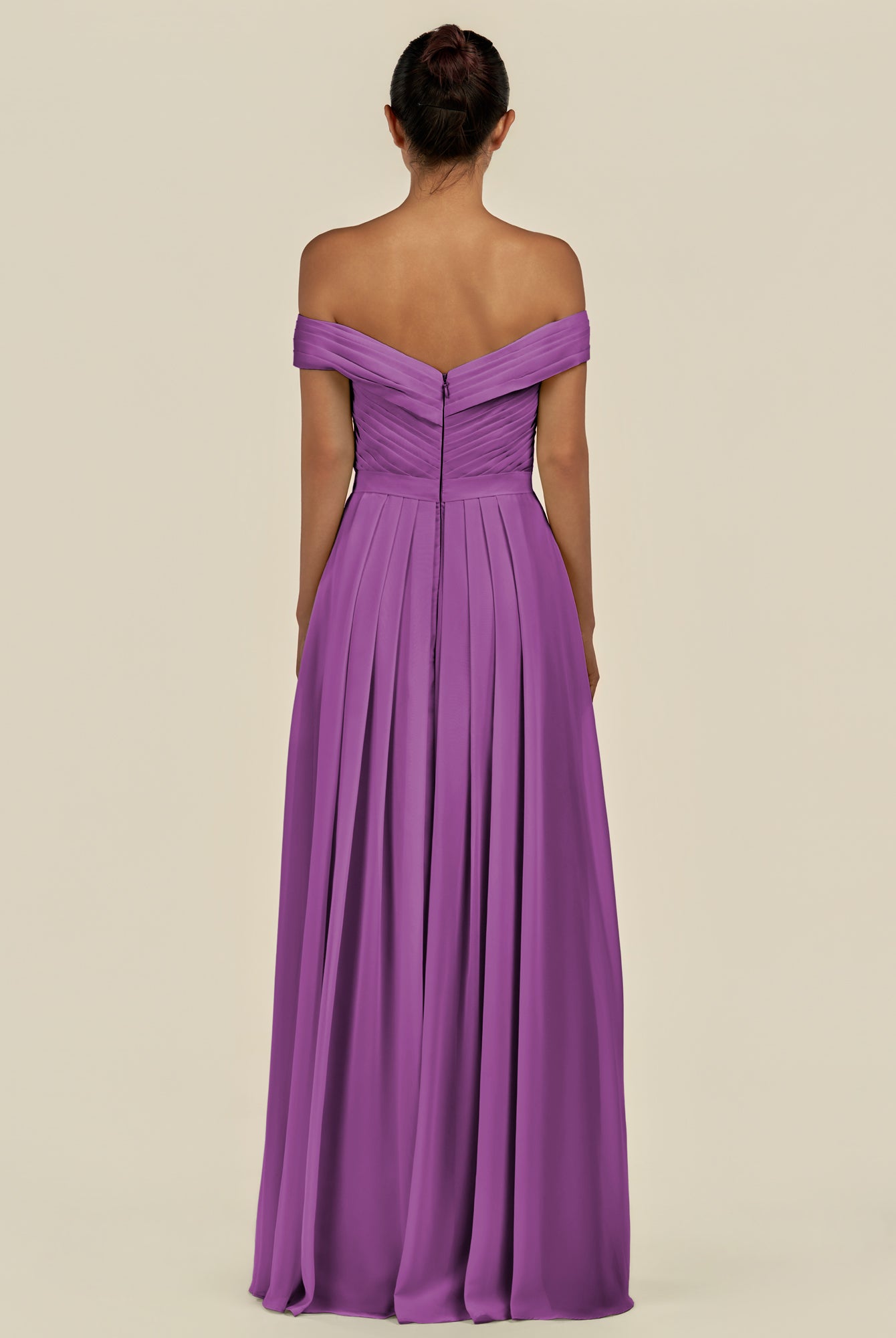 KissDress-Lurina Amethyst A Line Chiffon Off the Shoulder Pleated Long Bridesmaid Dress with Slit