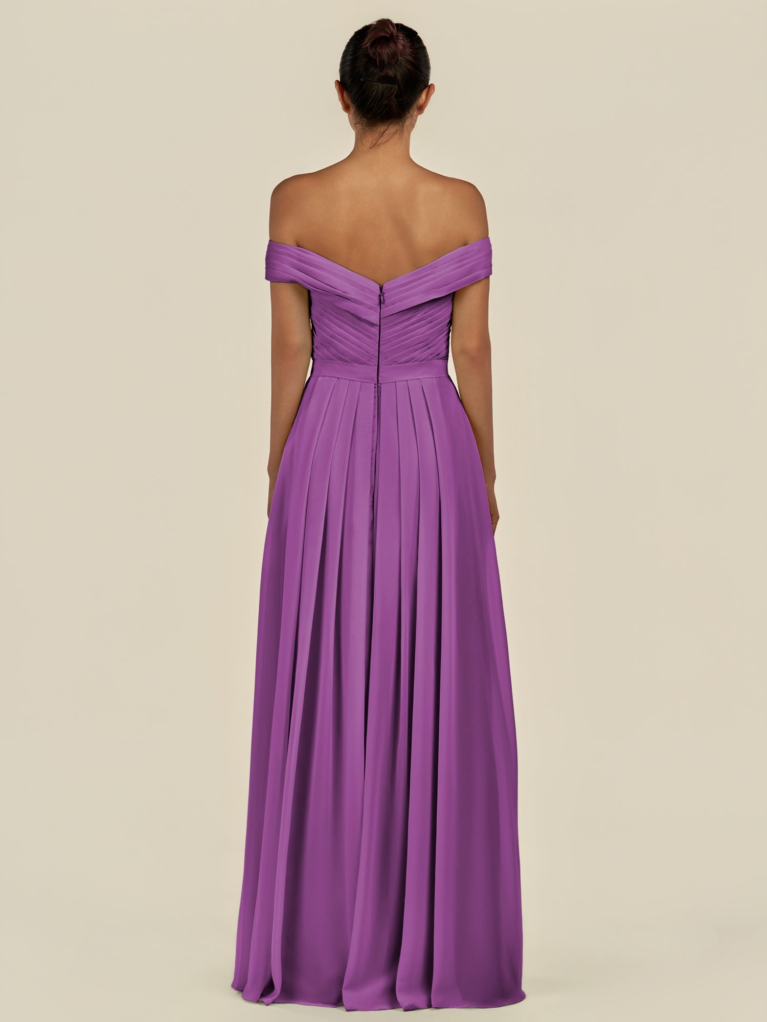 KissDress-Lurina Amethyst A Line Chiffon Off the Shoulder Pleated Long Bridesmaid Dress with Slit