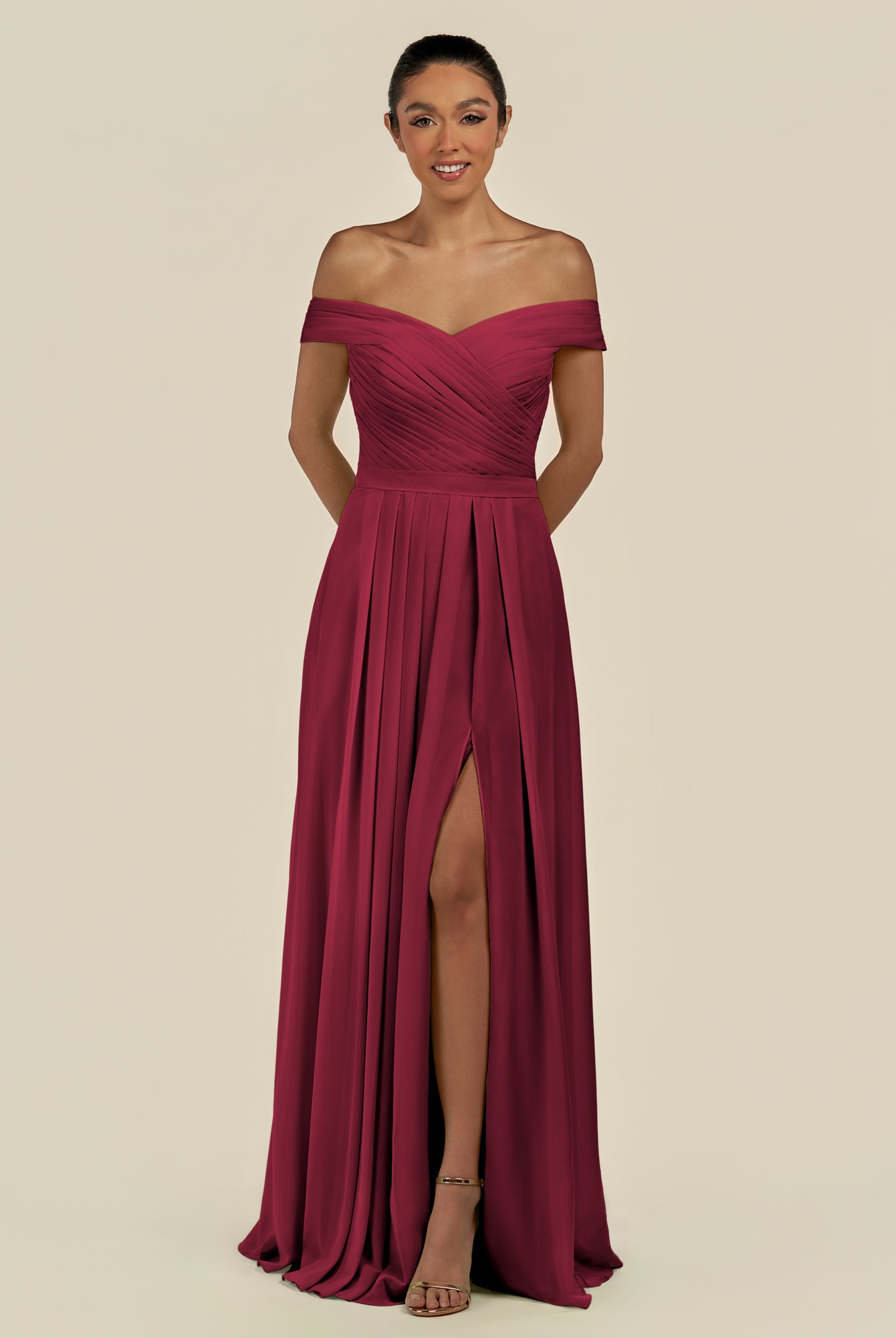 KissDress-Lurina Berry A Line Chiffon Off the Shoulder Pleated Long Bridesmaid Dress with Slit
