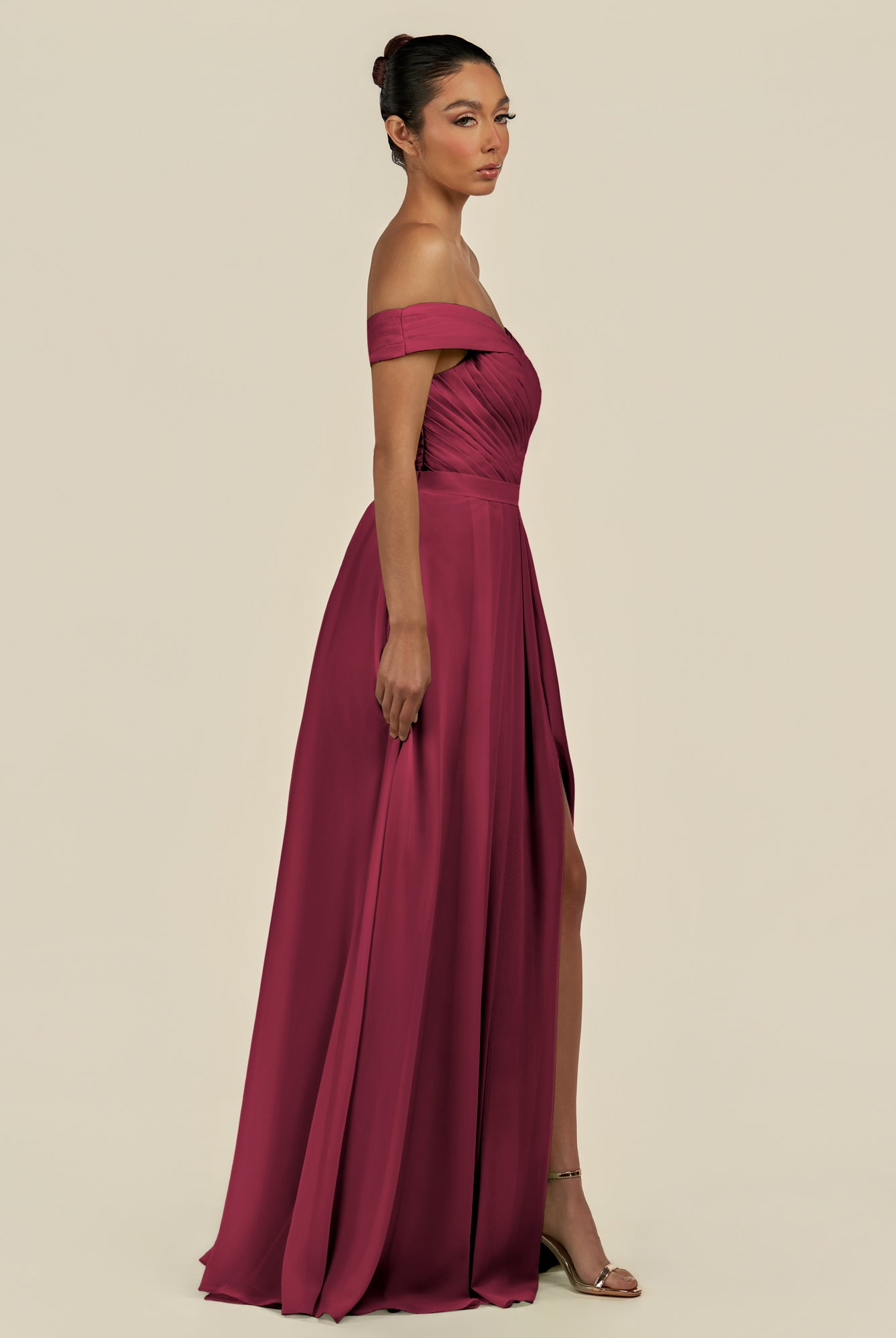 KissDress-Lurina Berry A Line Chiffon Off the Shoulder Pleated Long Bridesmaid Dress with Slit