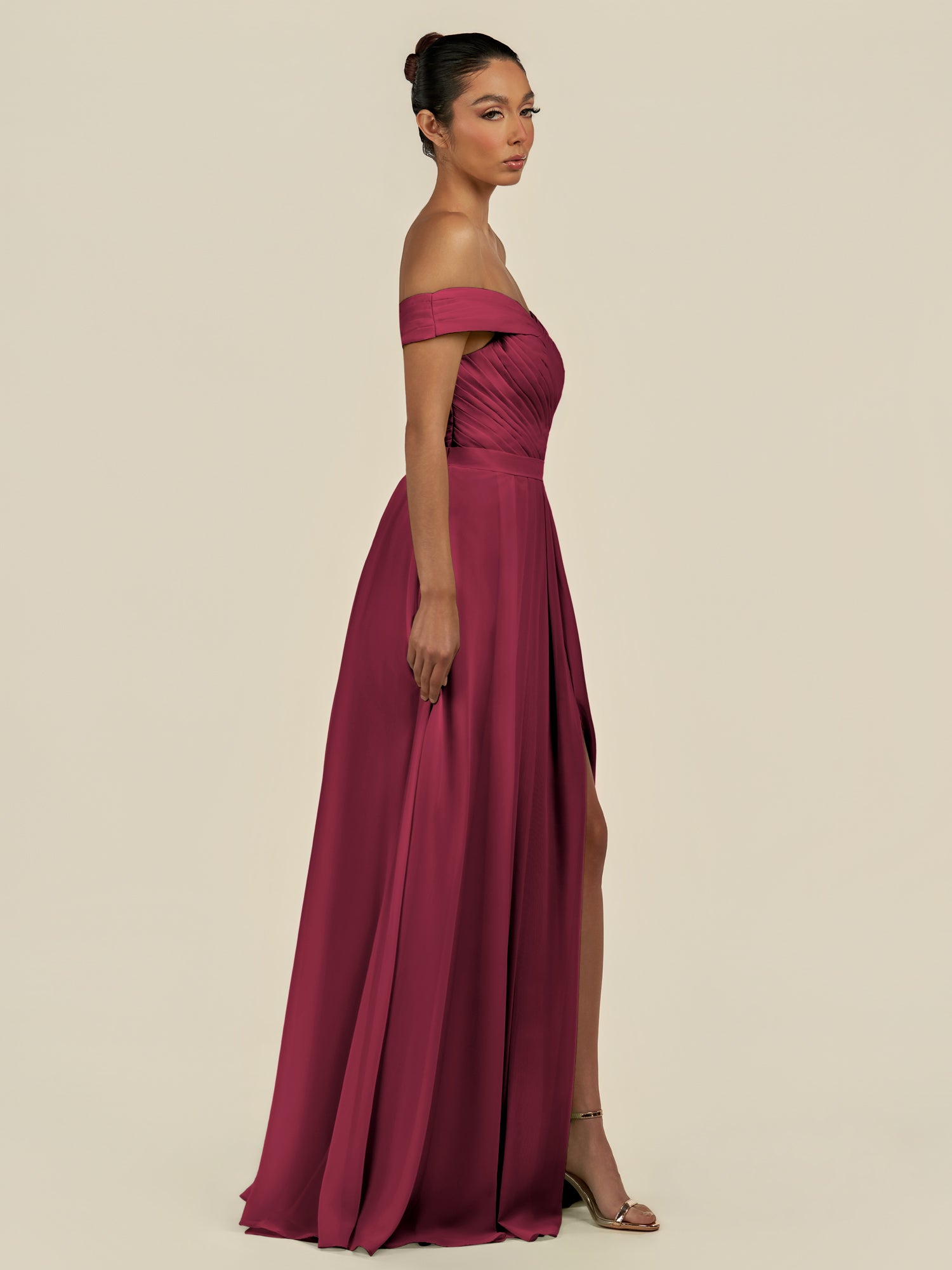KissDress-Lurina Berry A Line Chiffon Off the Shoulder Pleated Long Bridesmaid Dress with Slit
