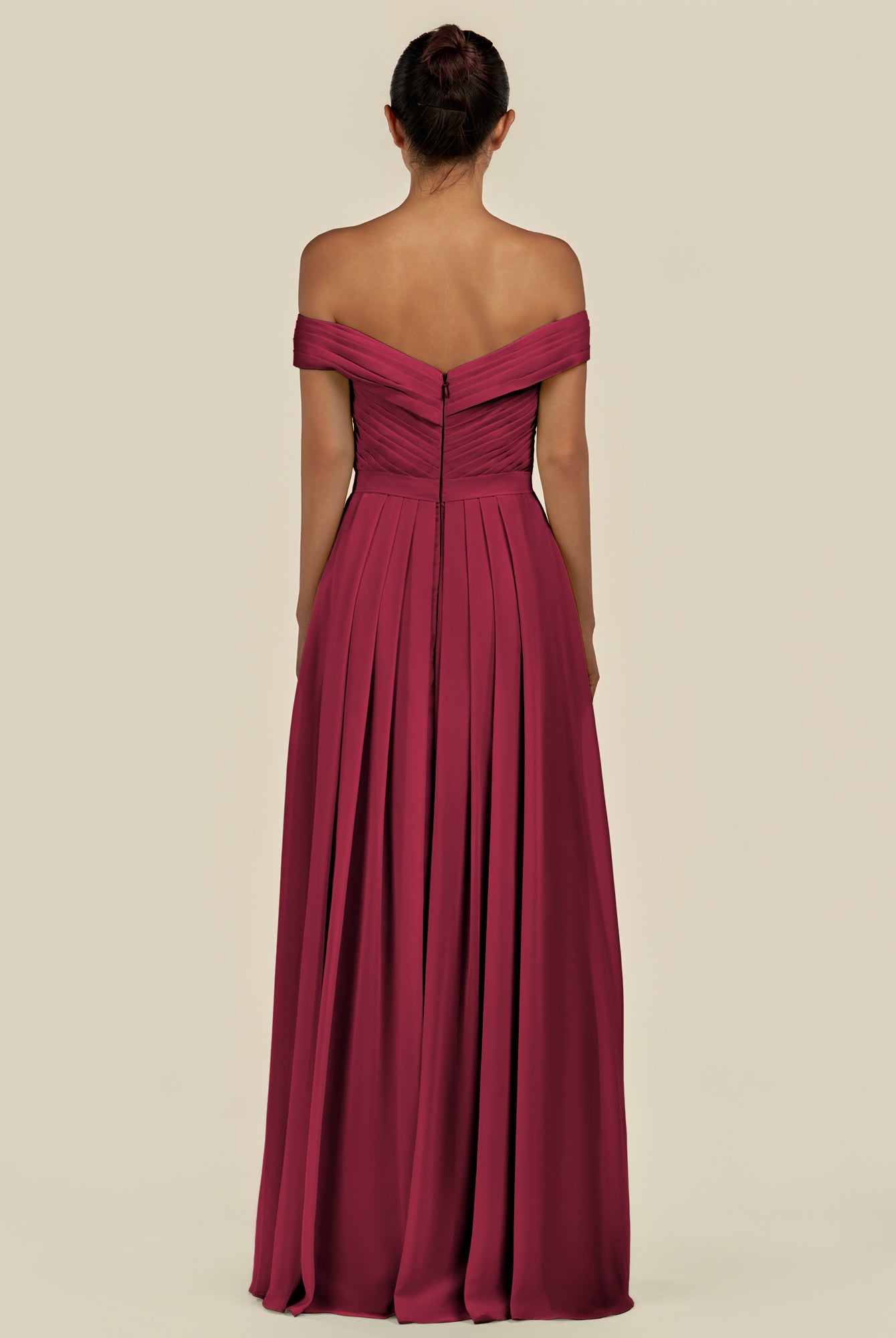 KissDress-Lurina Berry A Line Chiffon Off the Shoulder Pleated Long Bridesmaid Dress with Slit
