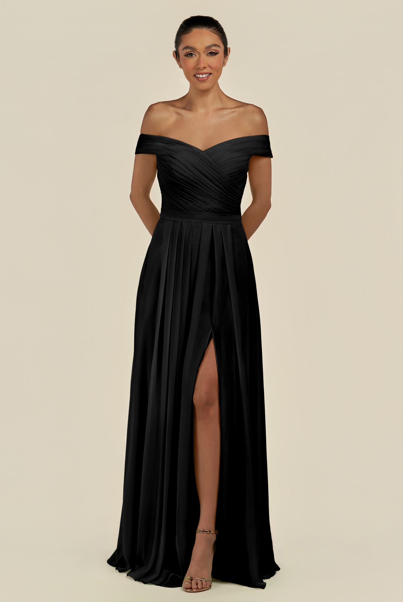 KissDress-Lurina Black A Line Chiffon Off the Shoulder Pleated Long Bridesmaid Dress with Slit