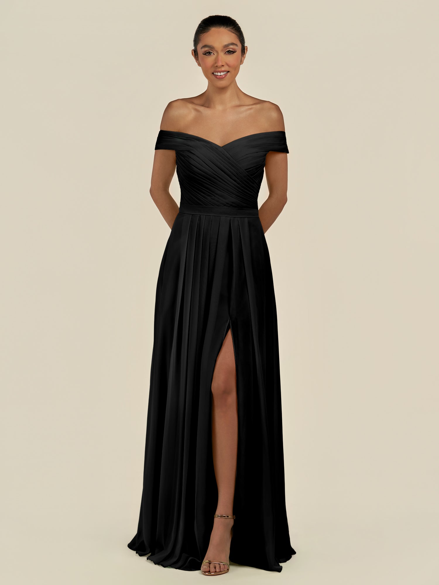 KissDress-Lurina Black A Line Chiffon Off the Shoulder Pleated Long Bridesmaid Dress with Slit