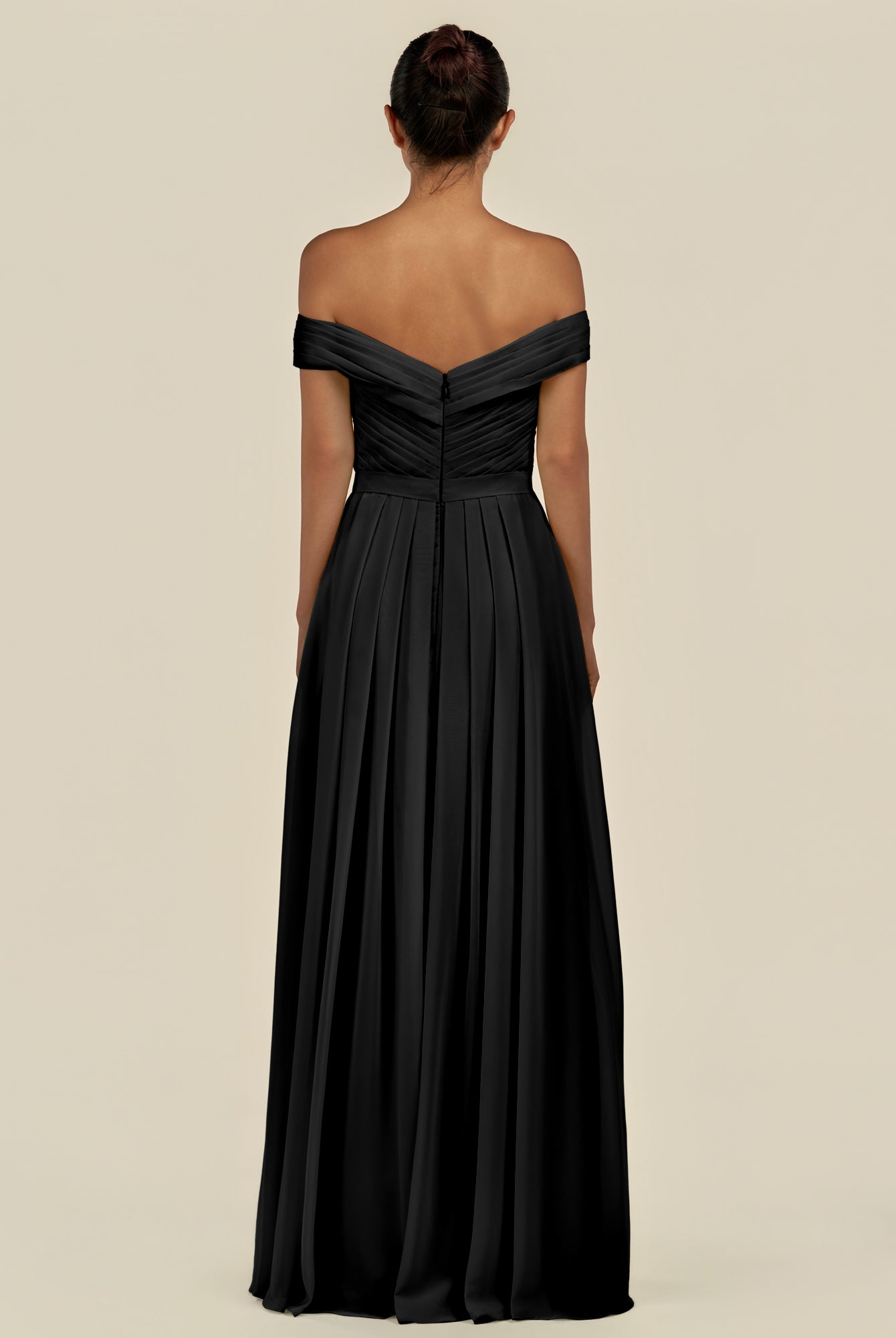 KissDress-Lurina Black A Line Chiffon Off the Shoulder Pleated Long Bridesmaid Dress with Slit