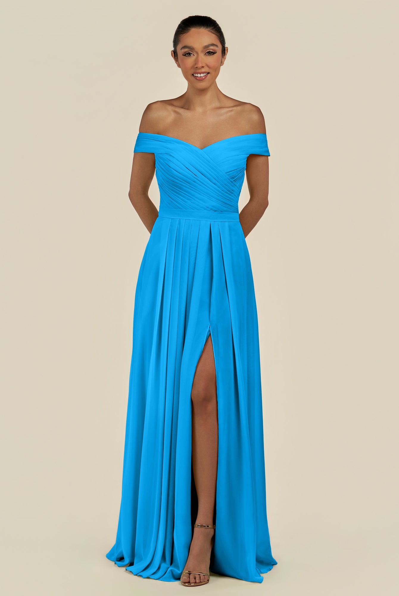 KissDress-Lurina Blue Jay A Line Chiffon Off the Shoulder Pleated Long Bridesmaid Dress with Slit