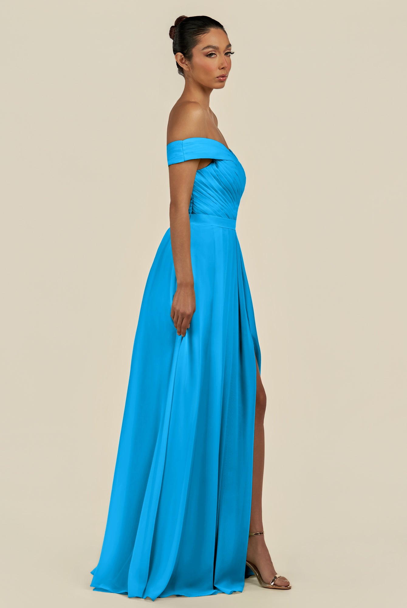 KissDress-Lurina Blue Jay A Line Chiffon Off the Shoulder Pleated Long Bridesmaid Dress with Slit
