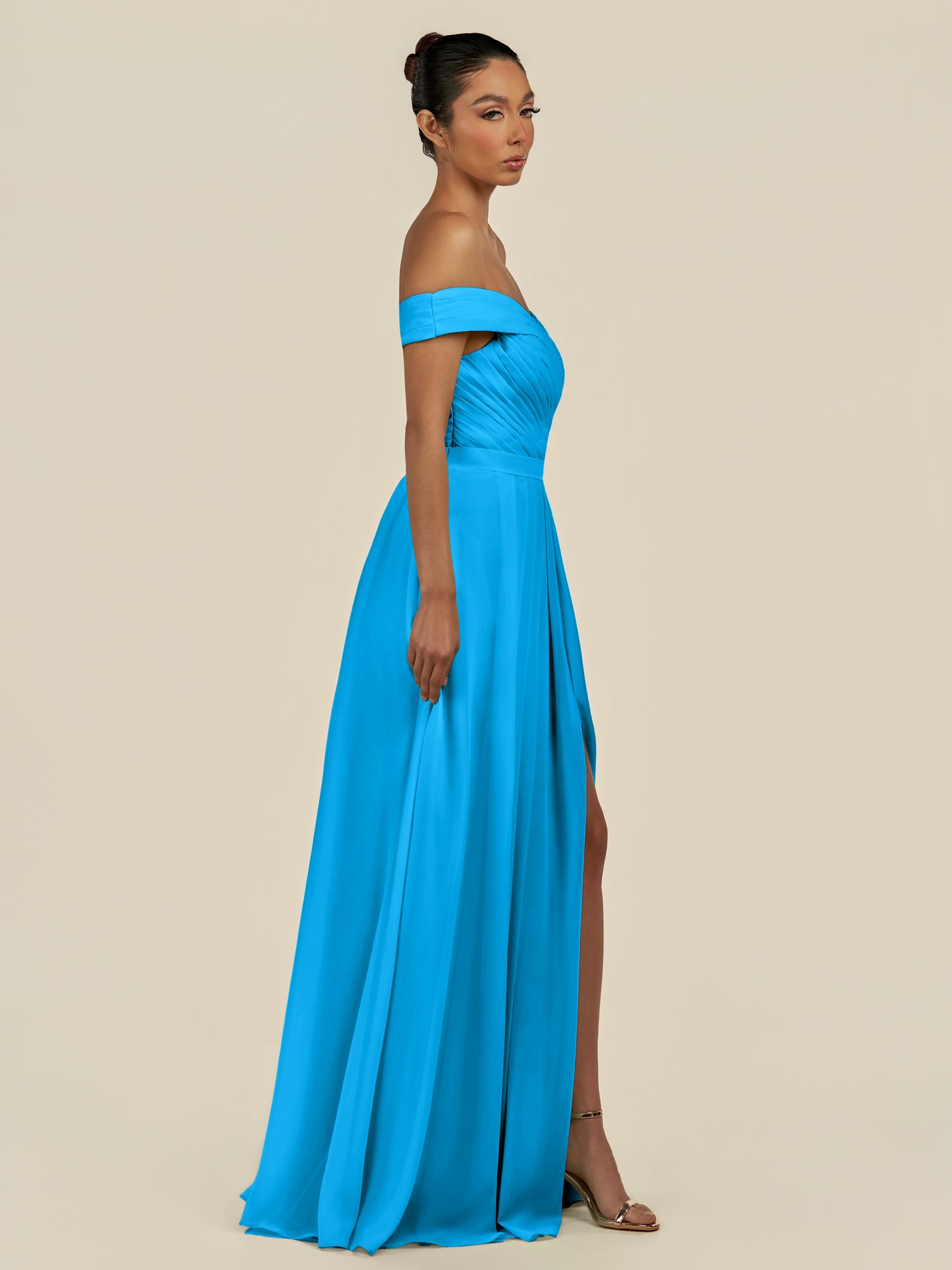 KissDress-Lurina Blue Jay A Line Chiffon Off the Shoulder Pleated Long Bridesmaid Dress with Slit