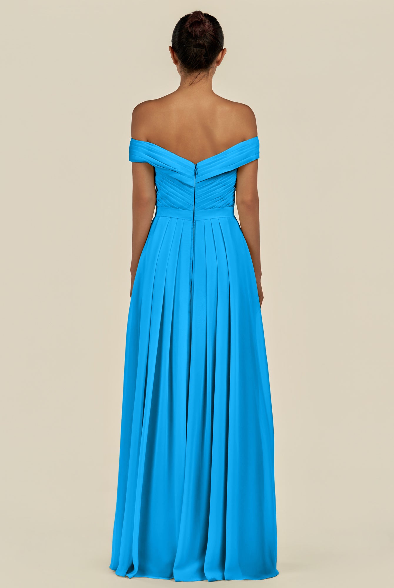 KissDress-Lurina Blue Jay A Line Chiffon Off the Shoulder Pleated Long Bridesmaid Dress with Slit